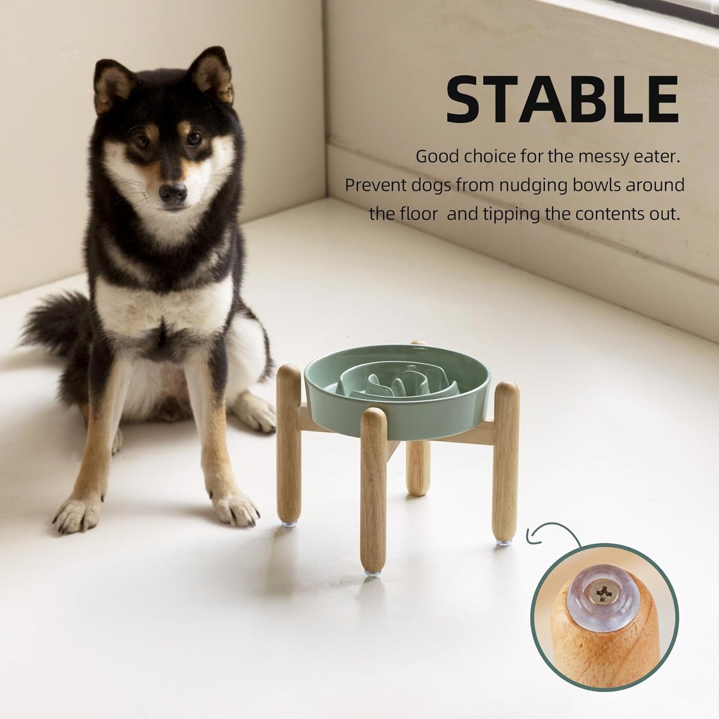 Ceramic 1.2 Cup Raised Slow Feeder Dog Bowl Set, Elevated Wooden Stand for Medium and Small Dog, 7.3inch Puzzle Slow Dish, Preventing Choking(Light Green, Single Bowl+ Stand)