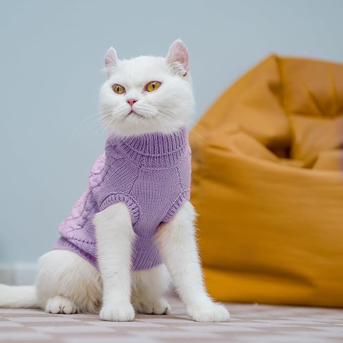 PUPTECK Winter Cat Sweater Coat - Soft Warm Cold Weather Clothes Knitwear for Kittens & Small Dogs Indoor Outdoor Wearing, Knitted Classic for Doggies Kitties Girls Boys, Light Purple, L