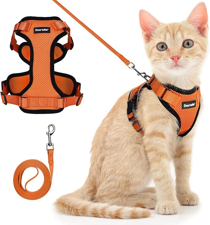 Dooradar Cat Harness and Leash Set, Escape Proof Safe Adjustable Kitten Vest Harnesses for Walking, Easy Control Soft Breathable Mesh Jacket with Reflective Strips for Cats, Orange, S