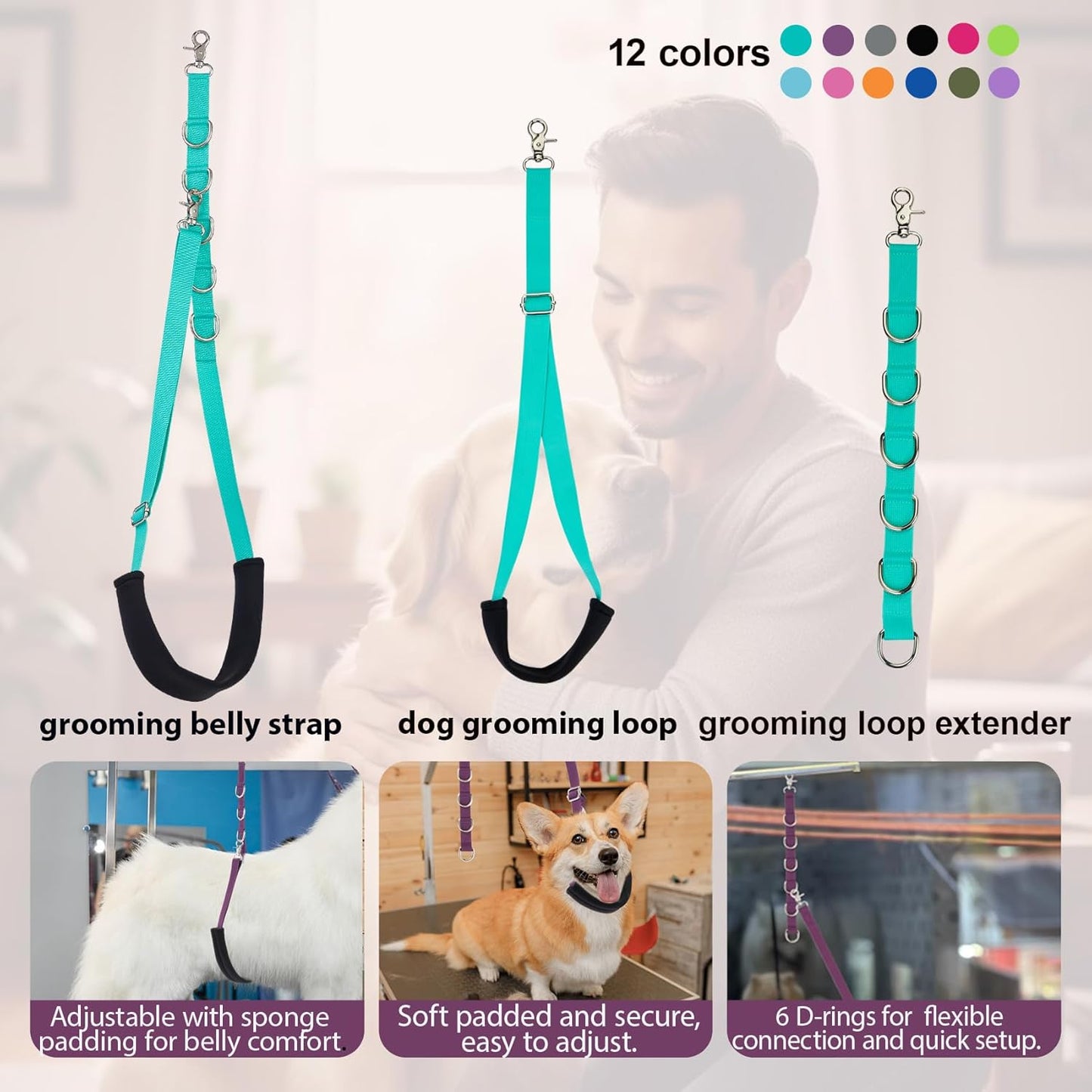 Dog Grooming Belly Band Pet Grooming Supplies 3 Sets Professional Dogs Belly Straps Pets Dogs Groomer Extension Strap Table Arm Loop Extender for Small Medium Large Pets (Light Green)
