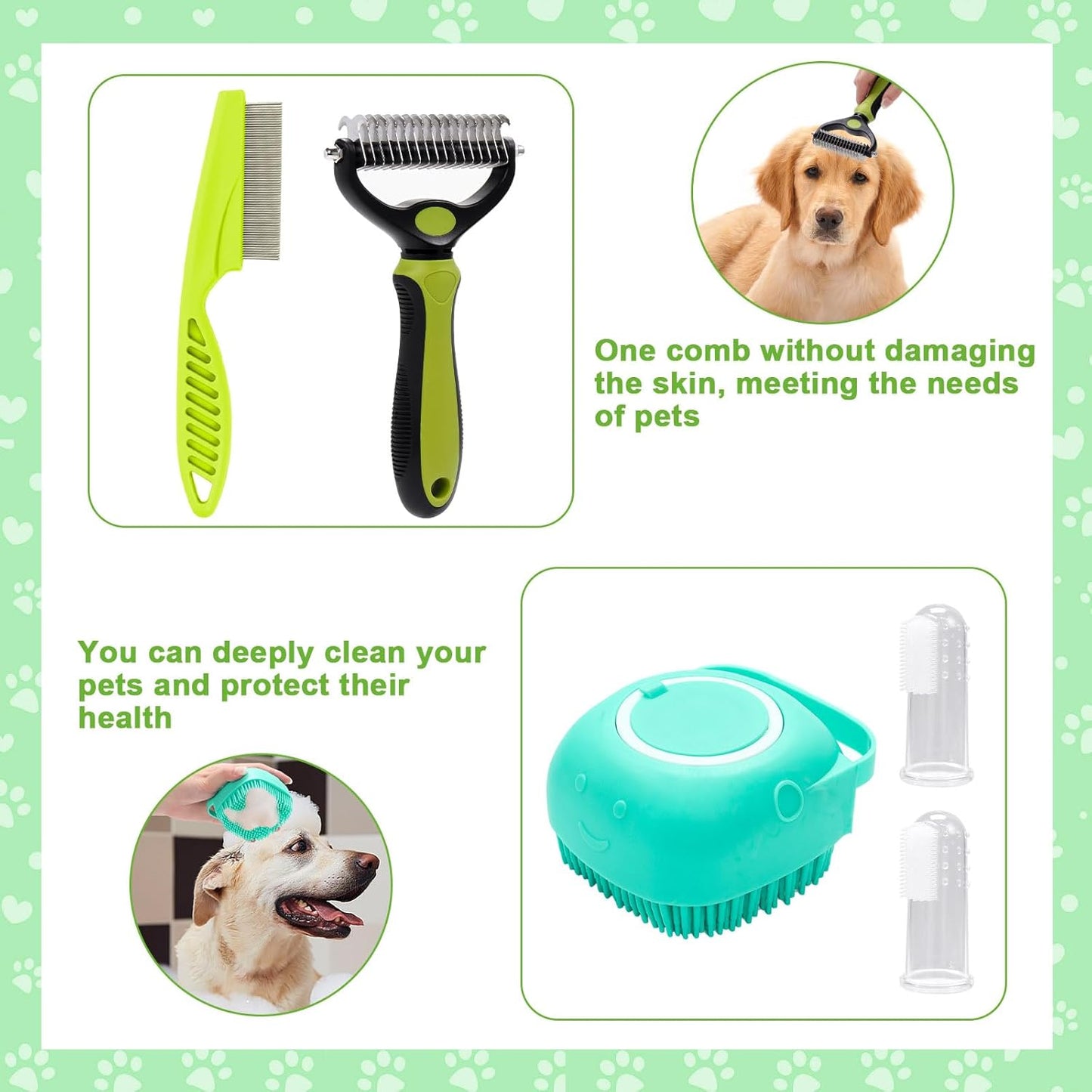 VCZONE 8 Pcs Dog Grooming Kit: Nail Clipper, Flea Comb, Shampoo Brush, Shedding Brush, Dematting Comb, Silicone Toothbrush (Green)