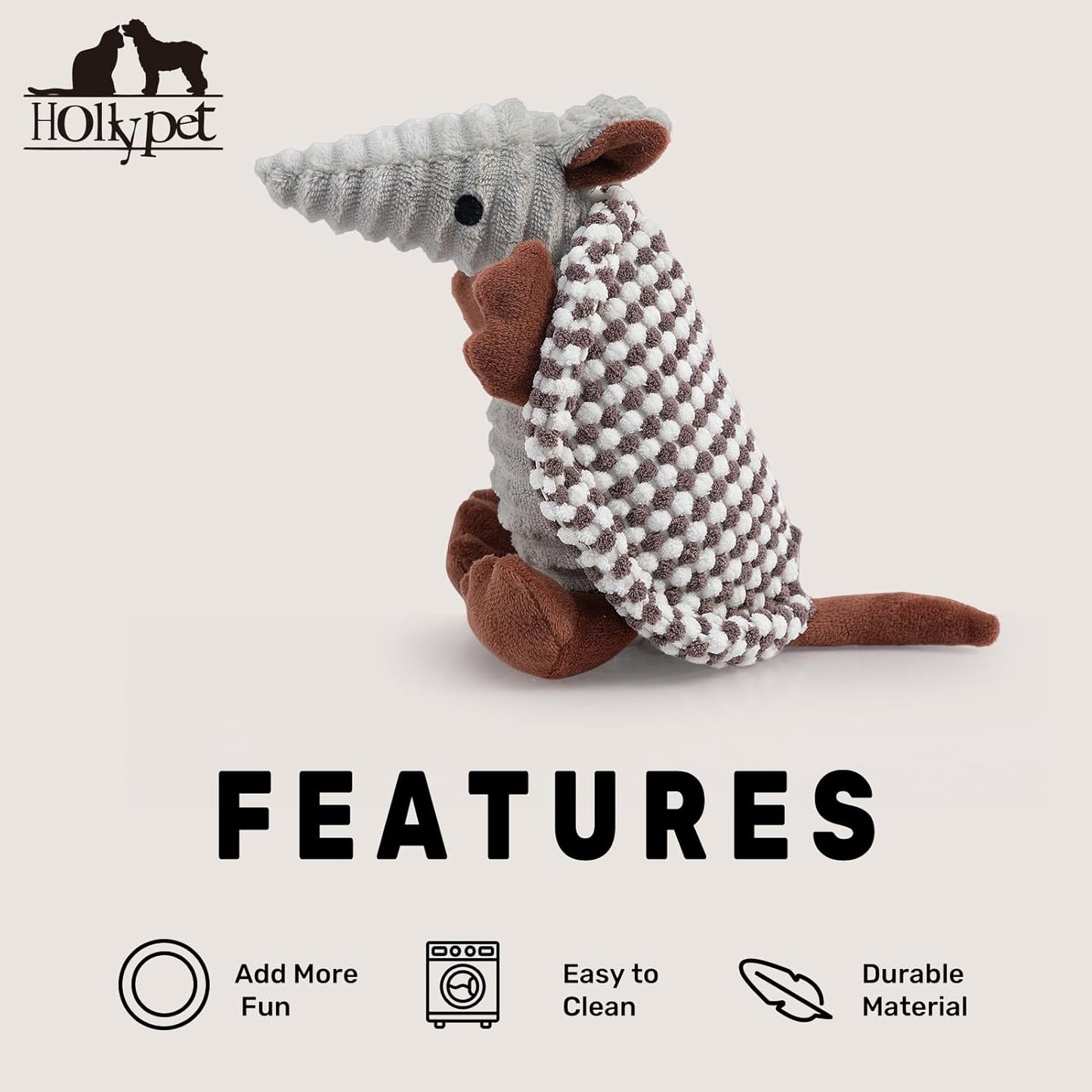 Hollypet Plush Dog Squeaky Toy Stuffed Armadillo Animal Pet Puppy Chew Toys with Clean Teeth for Small Medium Large All Breed Sizes Dogs, White and Light Grey,8 in