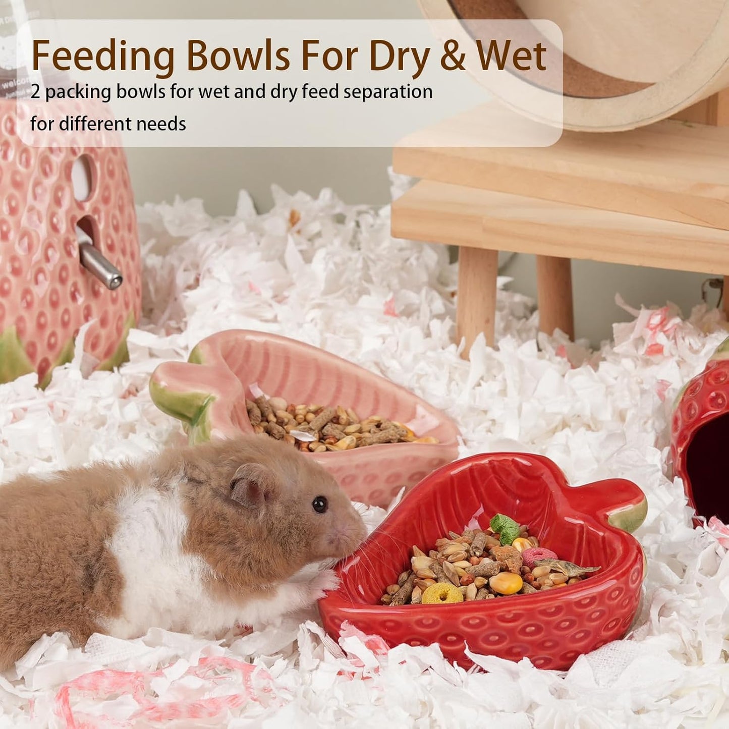 Hamtser Food Bowl,2 Packs Strawberry Hamster Bowls,Ceramic Feeding Bowl,Food Dish for Small Animals Gerbil Dwarf Hamster Rat Mice Guinea Pig(Pink+Red)