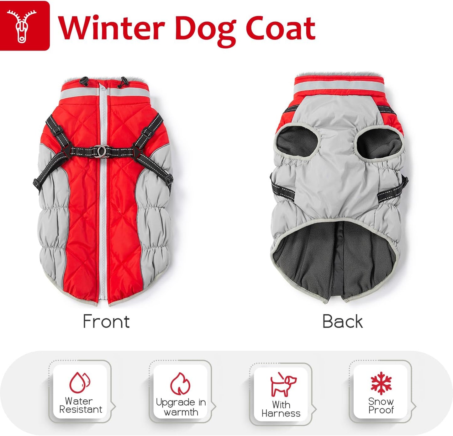 Dog Winter Coat with Harness, Dog Jacket, Pet Clothes with Zipper on Back, Waterproof Windproof Warm Vest, Reflective Cold Weather Coats, for Small Medium Large Dogs, Thick, Red, 3XL