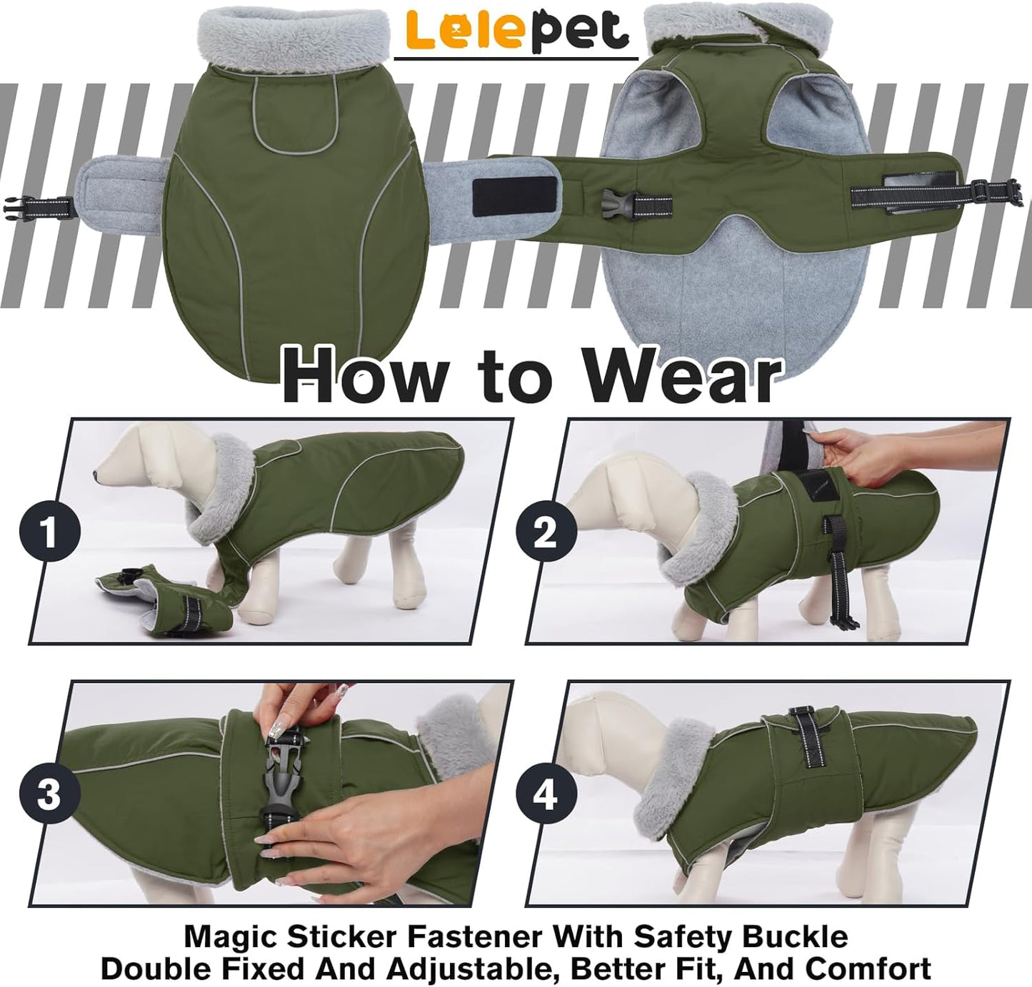Lelepet Warm Dog Coat Waterproof Dog Jacket for Large Dogs Reflective Fleece Vest with Adjustable Buckle Hook & Loop Windproof Cold Weather Coats for Small Medium Large Dogs, Army Green, L