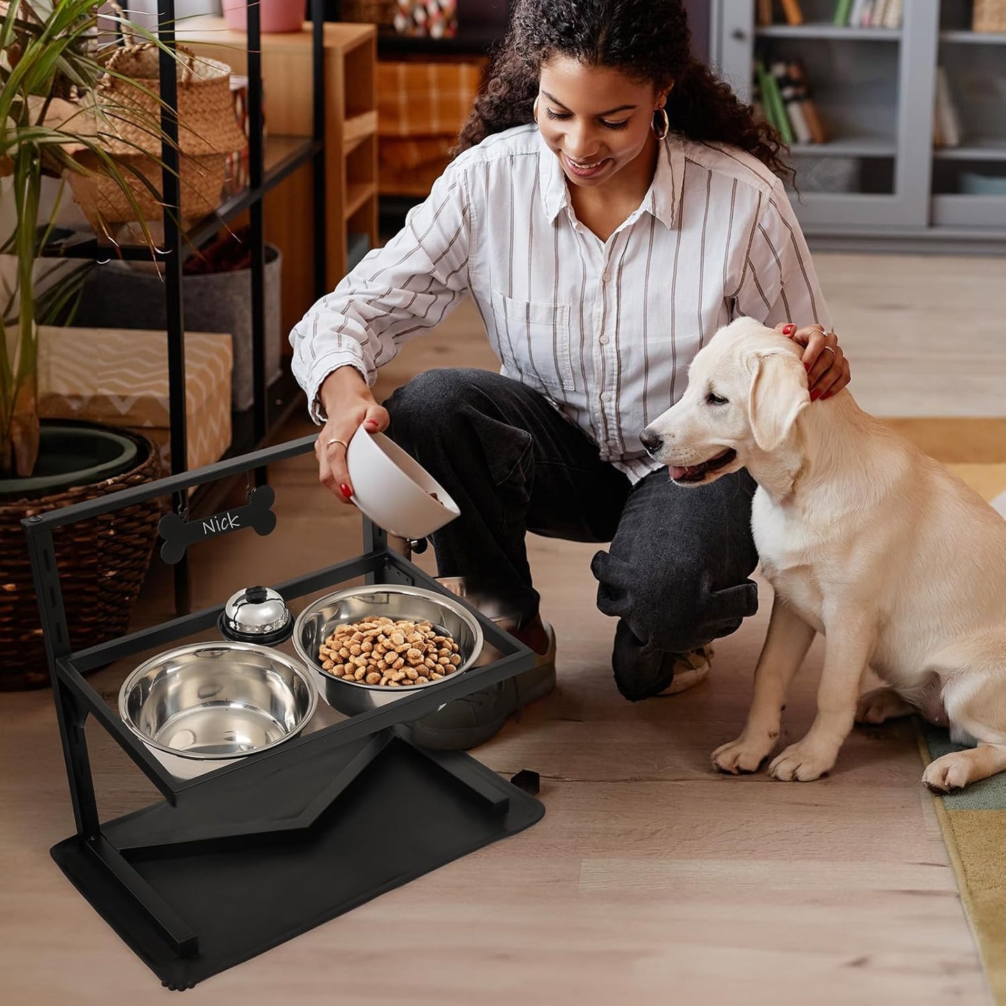 Grand Line Elevated Dog Bowls - 7 Height Adjustable, 10 Tilted Raised Stand With Spill Proof Mat, Two 1.5L Stainless Steel Food Water Bowls for Large Medium Small Dogs (15.4" H)