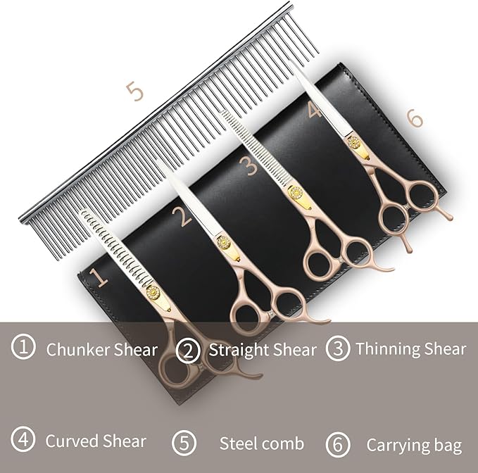 7.5‘’ Professional Dog Grooming Scissors Kit Rose Gold Stainless Steel Dog Scissors for Grooming 6 in 1 Grooming Shears Set for Dogs Cat Pet