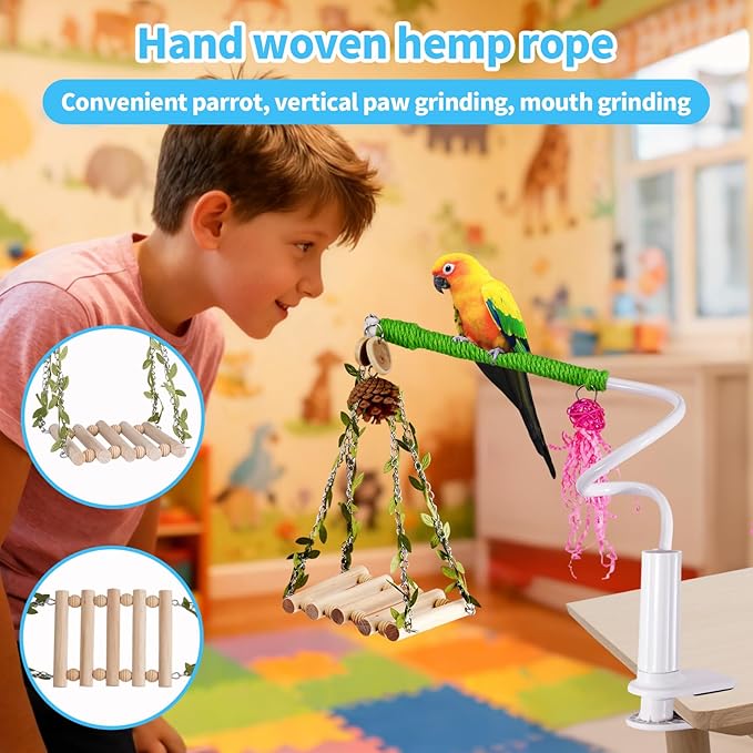 Bird Perch Stand with Flexible Climbing Ladder, Bird DesktopTraining Toy, Parakeet Playground Play Stand for Lovebirds Conure, Mount for Budgie, Cockatiel, Conure or Other Small Sized Birds