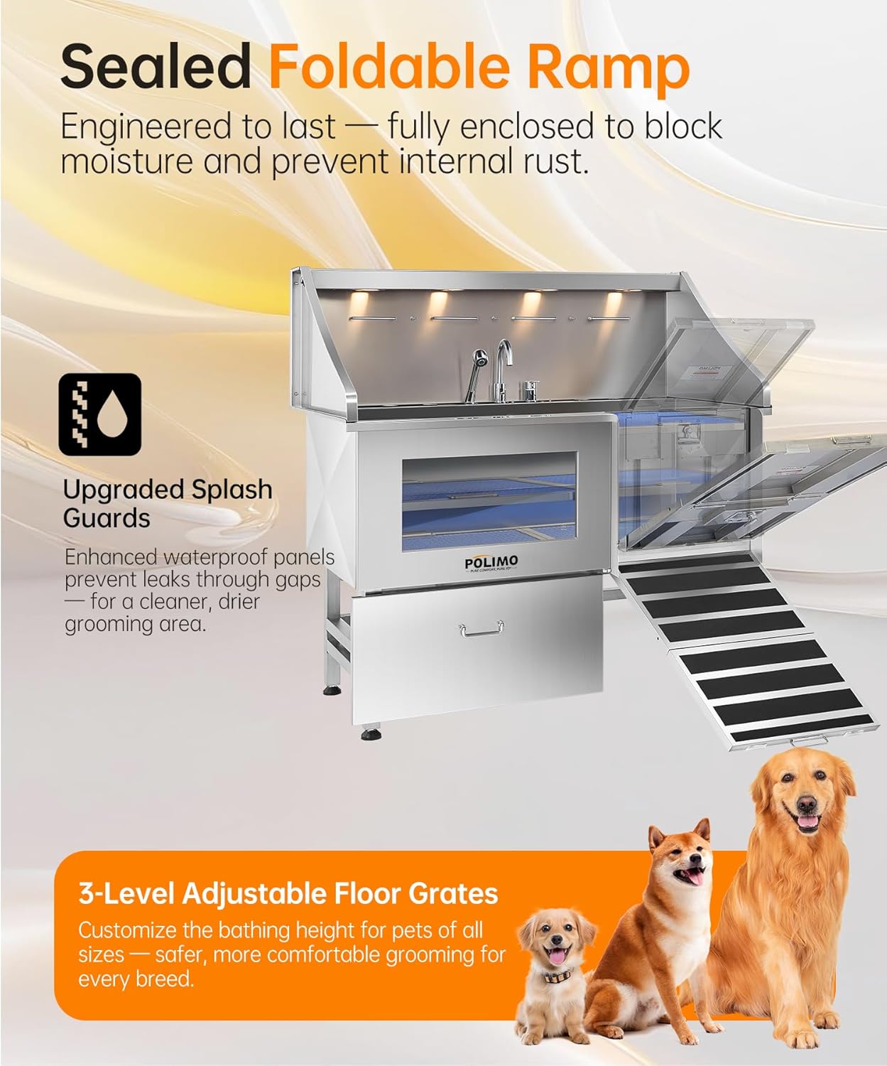 POLIMO Dog Washing Station, LED Professional Stainless Steel Dog Bathing Station 61", Dog Grooming Tub for Large, Medium & Small Dog - with Window, Ramp, Drawer, Floor Grate & Faucet (Right Ramp, 61")