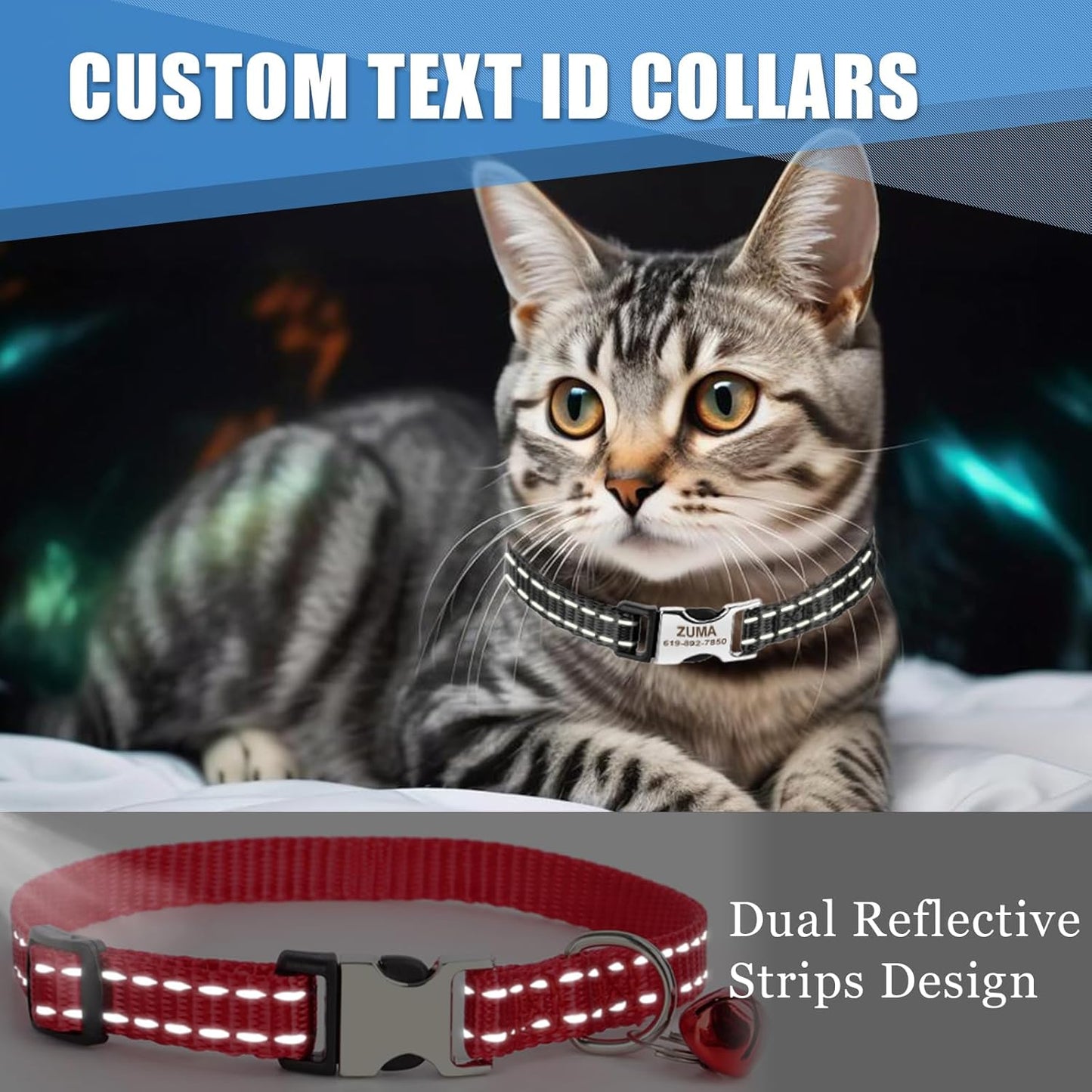Personalized Reflective Nylon Cat Collar with Name Tag - Custom Engraved Buckle Kitten Collars for Girl Boy Cats - Adjustable from 7.5'' to 12.0'' - Includes Bell and ID Tag
