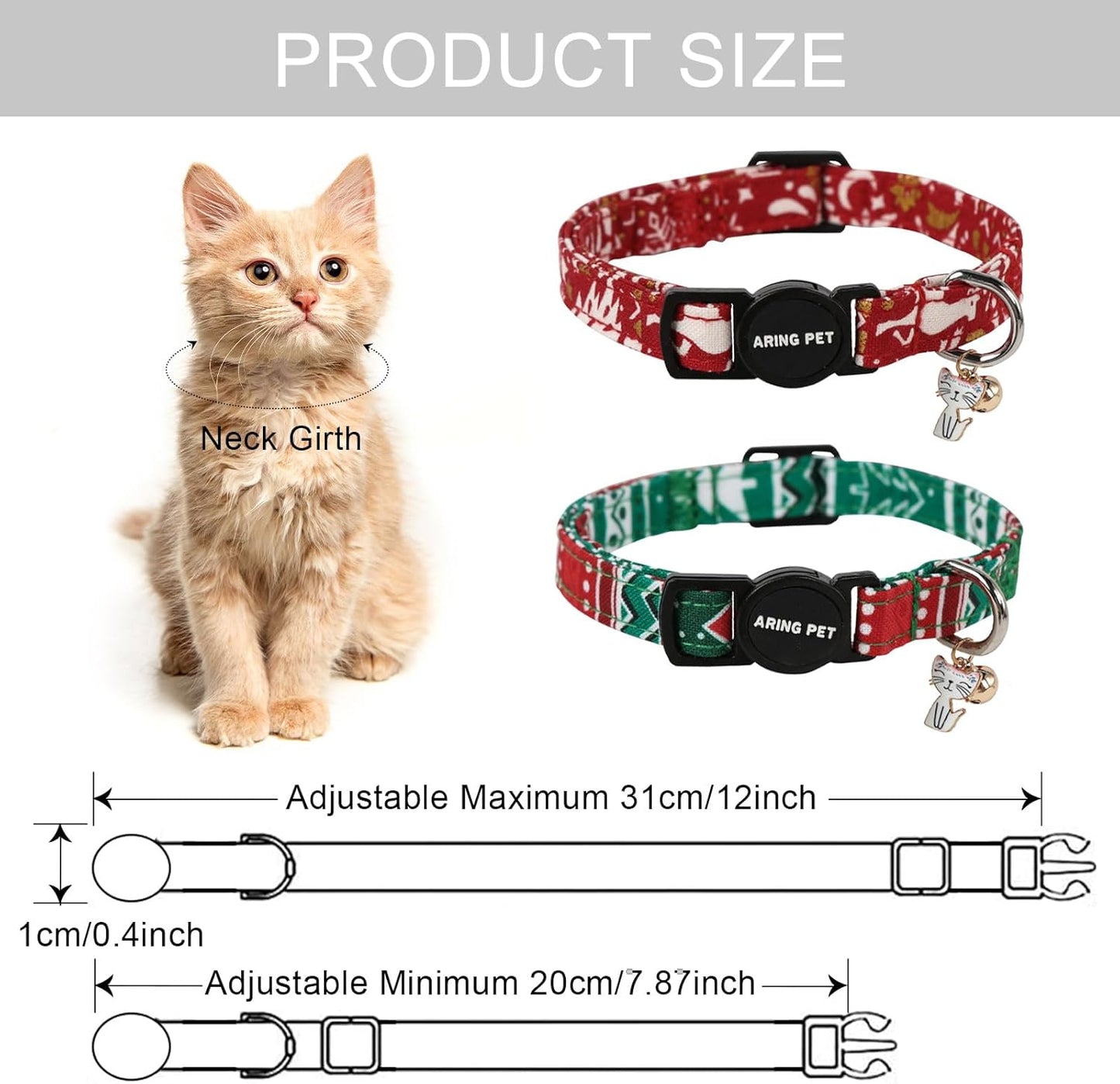 ARING PET 2 Pack Christmas Cat Collars-Cute Cat Collar Breakaway with Bell&Pendant, Adjustable Red Green Kitten Collars with Safety Buckle for Girl and Boy Cats