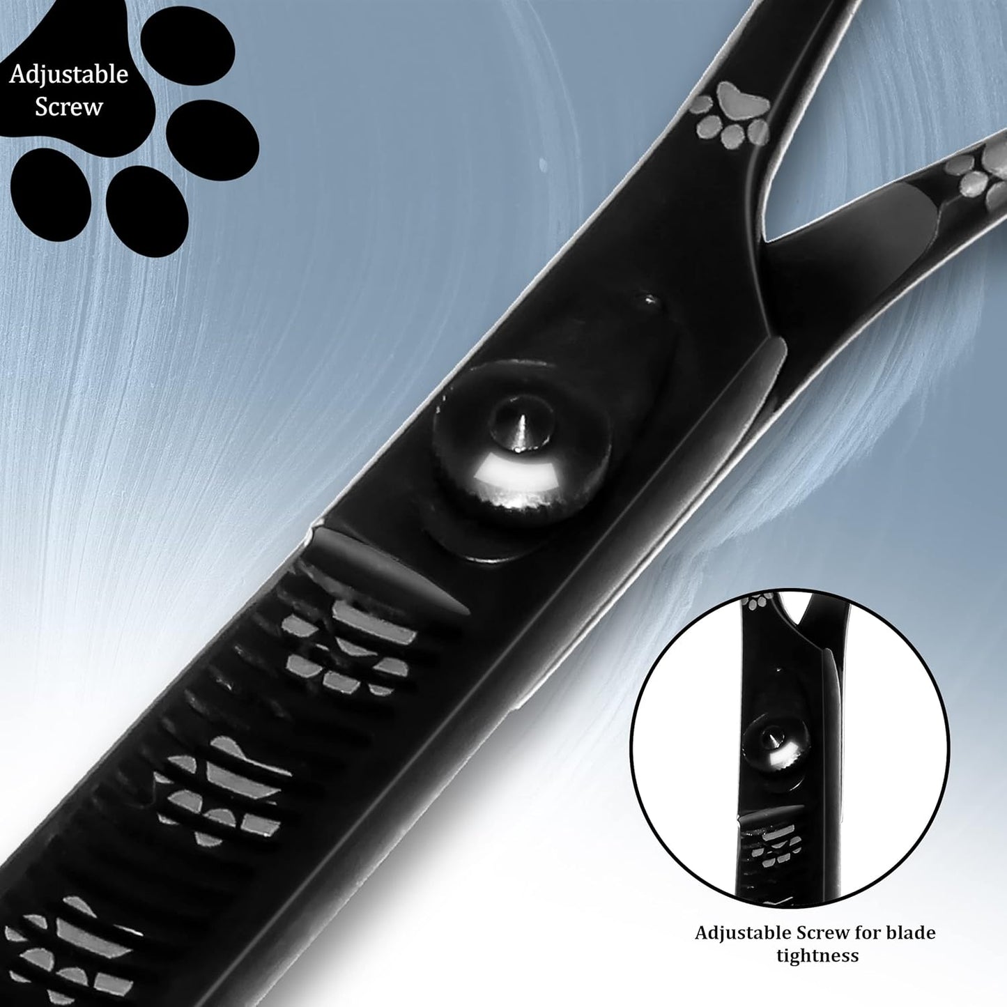 Professional Dog Grooming Thinning Scissors/Blender Shears with Paw Prints for Dogs, Cats & Pets (Right Handed, Black, Stainless Steel 8 Inch)
