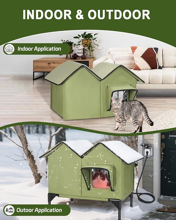 Heated Cat House for Outside, Large Elevated Waterproof Outdoor Cat House Weatherproof with Escape Doors and Heating Pad for Winter, Sturdy Insulated Outdoor Cat Shelter for Multiple Cats, Green