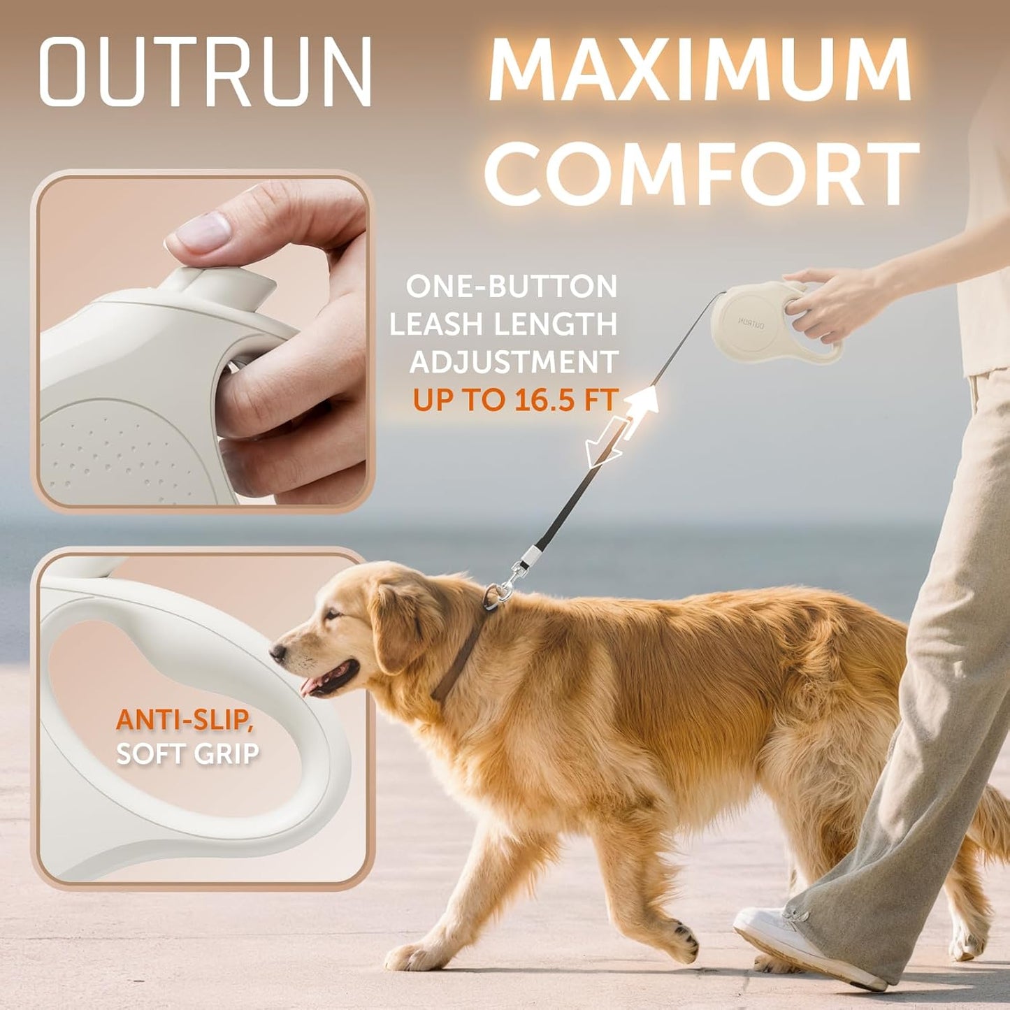 OUTRUN Retractable Dog Leash 16 FT Walking Leash up to 55 Lbs, Strong Nylon Tape No Tangle, Heavy Duty One-Handed Brake Lock Perfect for Small & Medium Sized Dogs and Pets (Starlight White)