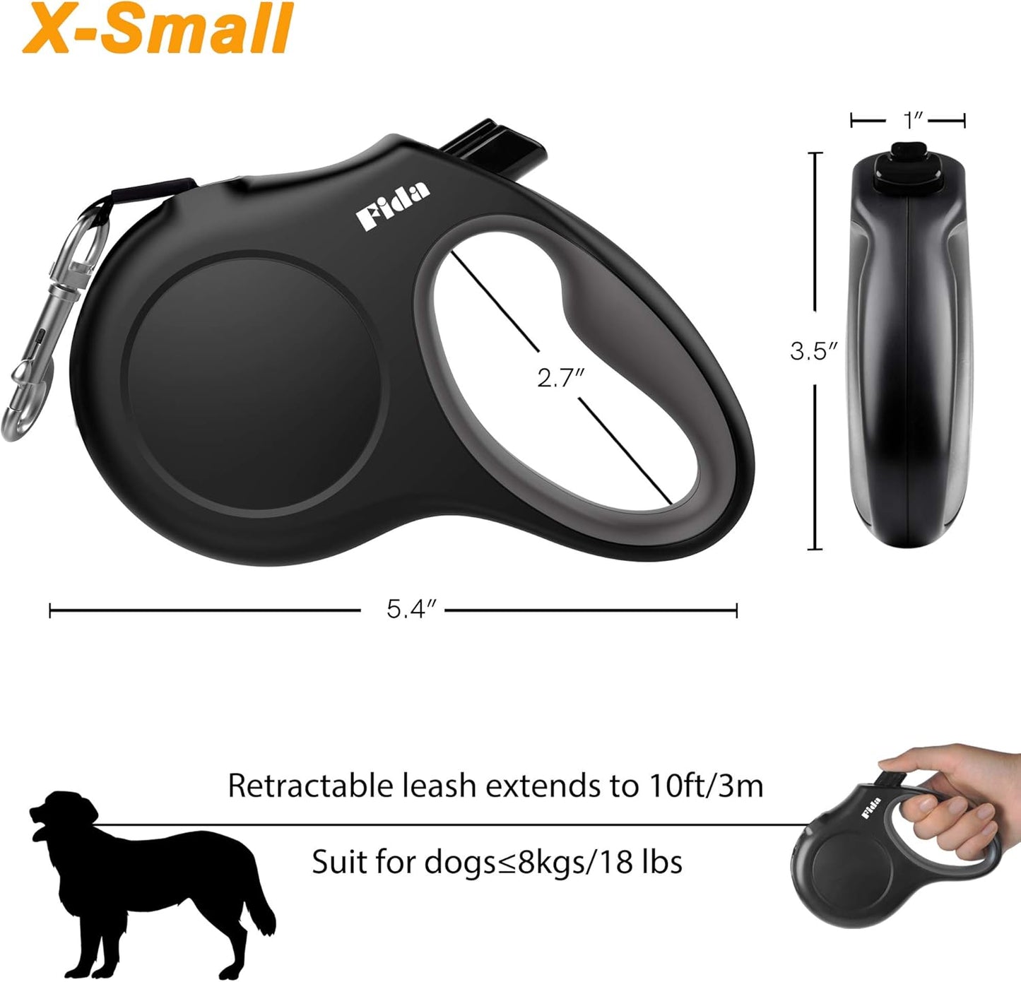 Fida Retractable Dog Leash with Dispenser and Poop Bags, 10 ft Pet Walking Leash for X-Small Dog or Cat up to 18 lbs, Anti-Slip Handle, Tangle Free, Reflective Nylon Tape (XS, Black)