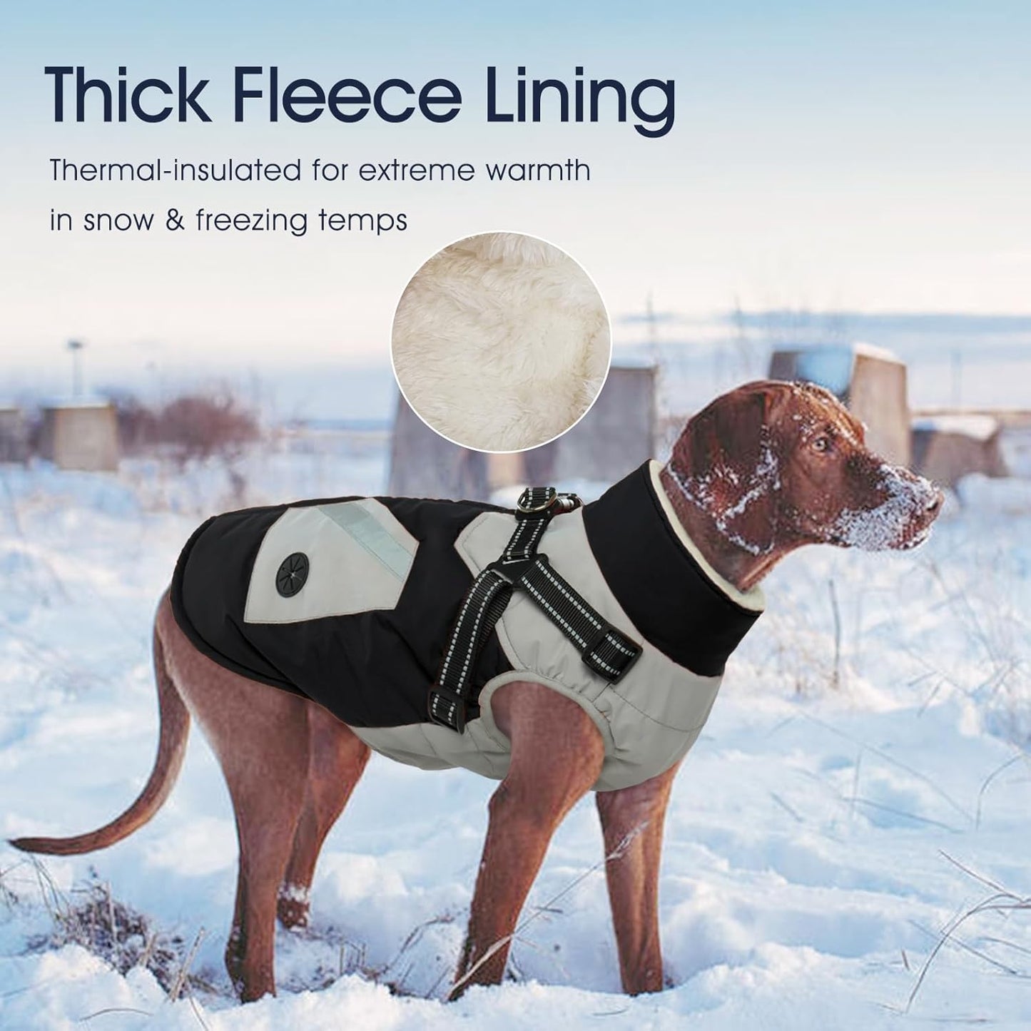 IECOii Large Dog Coat with Harness Built in,Reflective Waterproof Dog Coat for Giant Breeds - Zip Up Fleece Jacket for Dogs,Great Dane Winter Coats Warm Snowsuit for Cold Weather, Black, 4XL