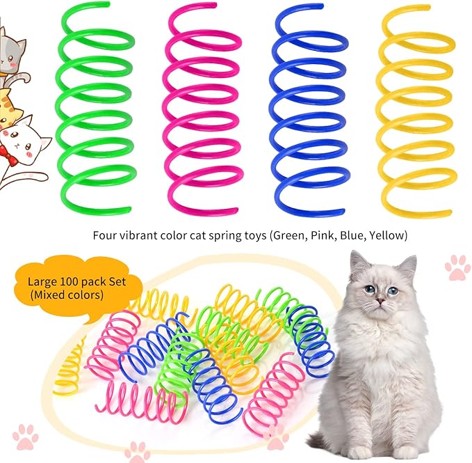 100 Pack Cat Spiral Spring, Cat Toys Spring for Indoor Cats, Plastic Coils Colorful Kitten Interactive Toy for Swatting, Biting, Hunting