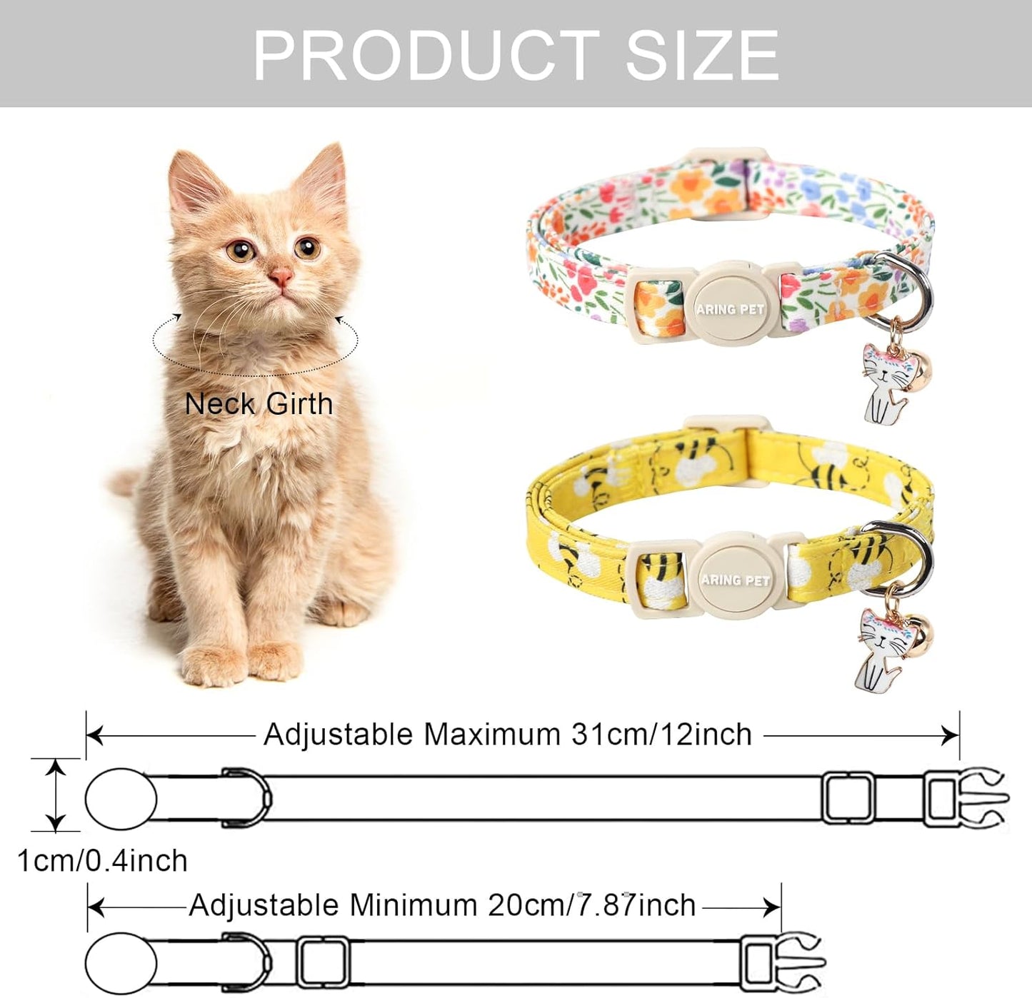 ARING PET 2 Pack Cat Collars-Cute Breakaway Cat Collar with Bell & Pendant, Adjustable Floral&Bees Pattern Kitten Collars with Safety Buckle for Girl and Boy Cats