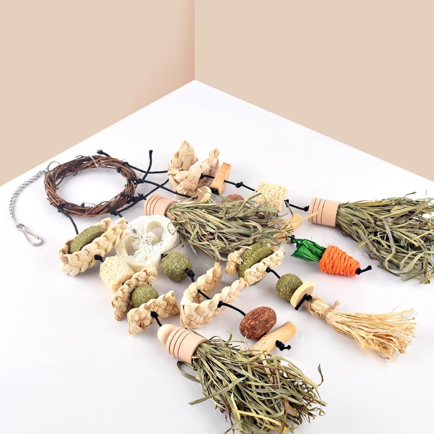 Bissap Bunny Chew Toy, Rabbits Cage Hanging Timothy Hay Chew Toys and Treats Rattan Ring with Snacks for Guinea Pigs Chinchillas Hamsters Rats and Other Small Pets Teeth Grinding