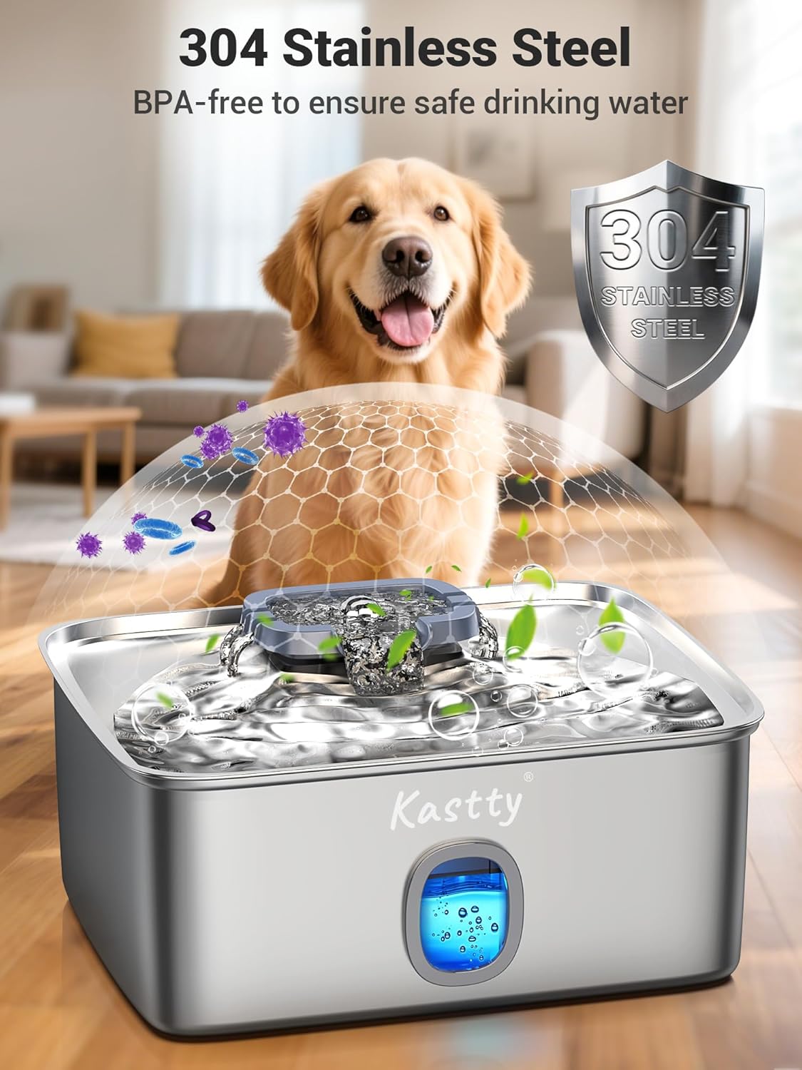 Kastty 15L/3.96 Gal Stainless Steel Dog Water Fountain, Large Capacity Dog Water Bowl Dispenser Quiet LED Light Triple Filtration BPA-Free, Automatic Pet Water Fountain Easy Cleaning for Pet FS76