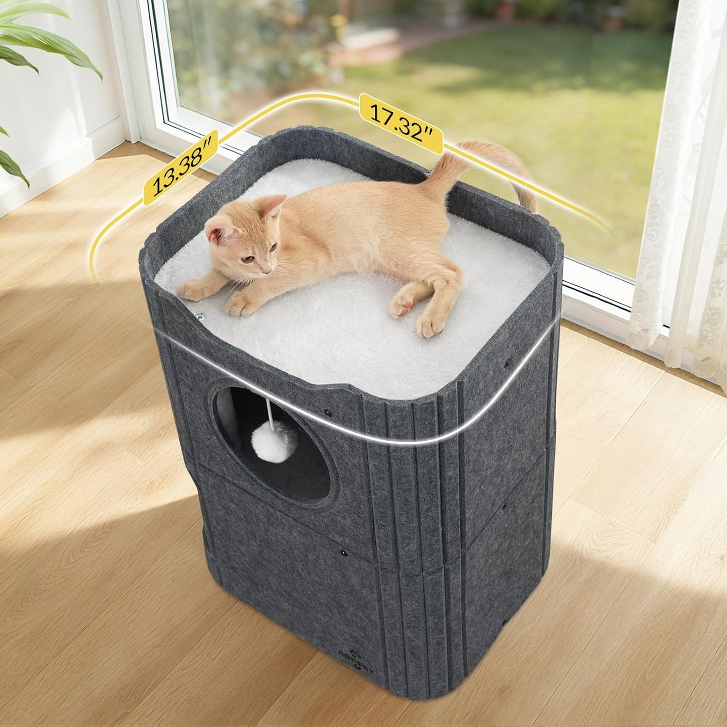 Cat House for Indoor Cats Large Cat Bed Cave 2-Storey Cats Condo with Cozy Felt Covered Hideaway for Multiple Pets Dark Grey