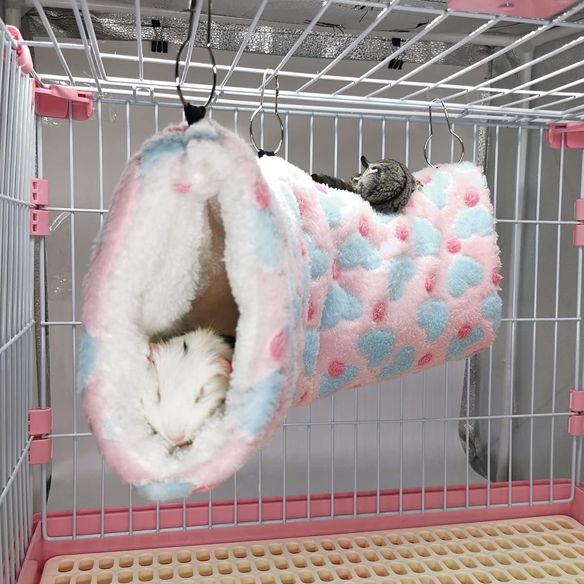 LEFTSTARER Guinea Pig Ferret Rat Hammock Toy Set - Small Animal Cage Accessories Hideout Tunnel & Bunkbed for Rat Ferret Guinea Pig Hamster Sugar Glider Chinchilla (Heart-Pink)