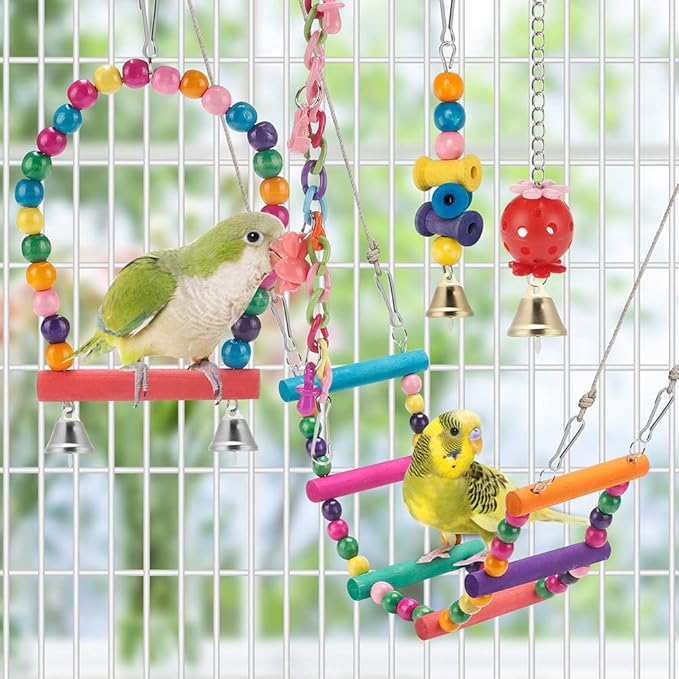 Swing Hanging Standing Chewing Toy Hammock Climbing Ladder, Cage Colorful Toys Suitable for Budgerigar, Parakeet, Conure, Cockatiel, Mynah, Love Birds, Finches
