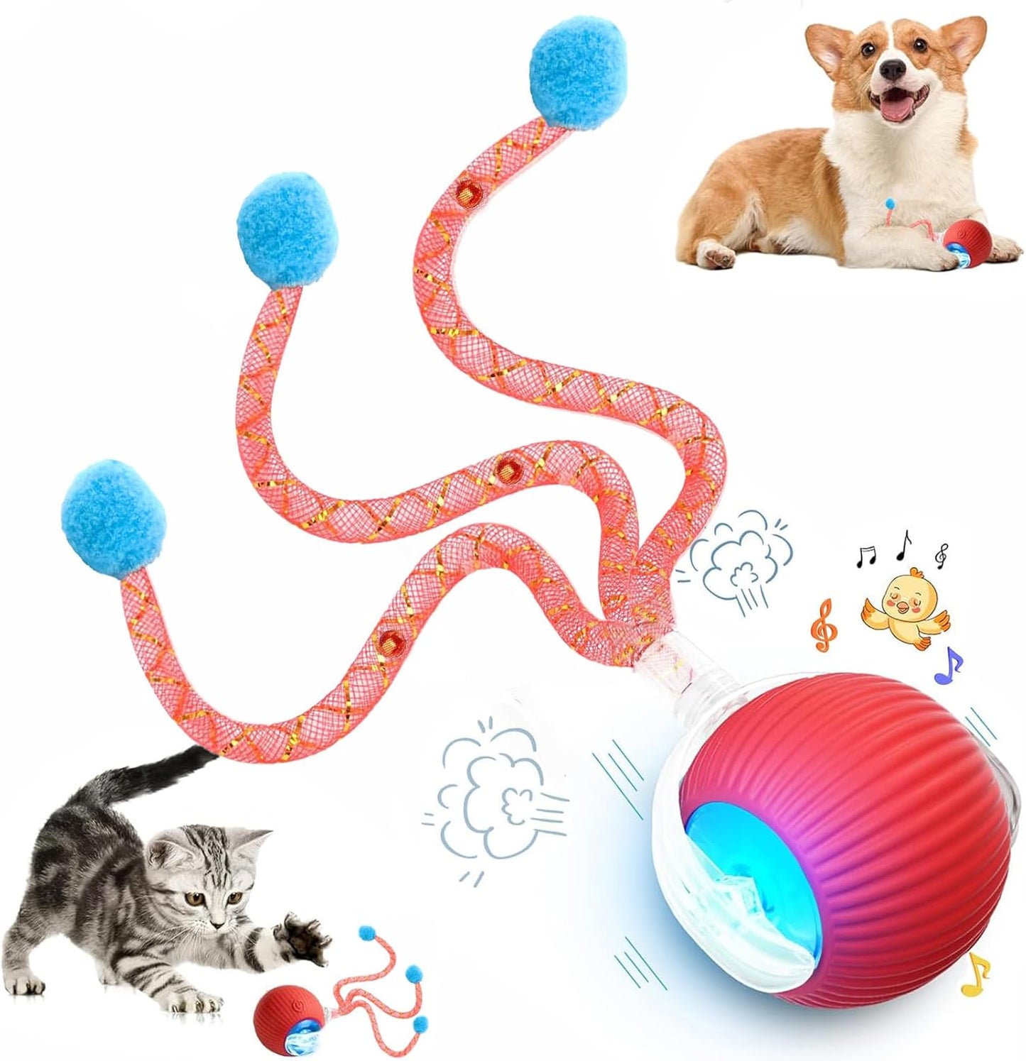 Speed 2.0 Tail Interactive Cat Toys for Indoor Cats, Chirping & Motion Activate Cat Toy, Smart Kitten Rolling Ball Moving Ball Toys, Rechargeable Dog Cat Bal l for Enrichment Exercise (New Red)