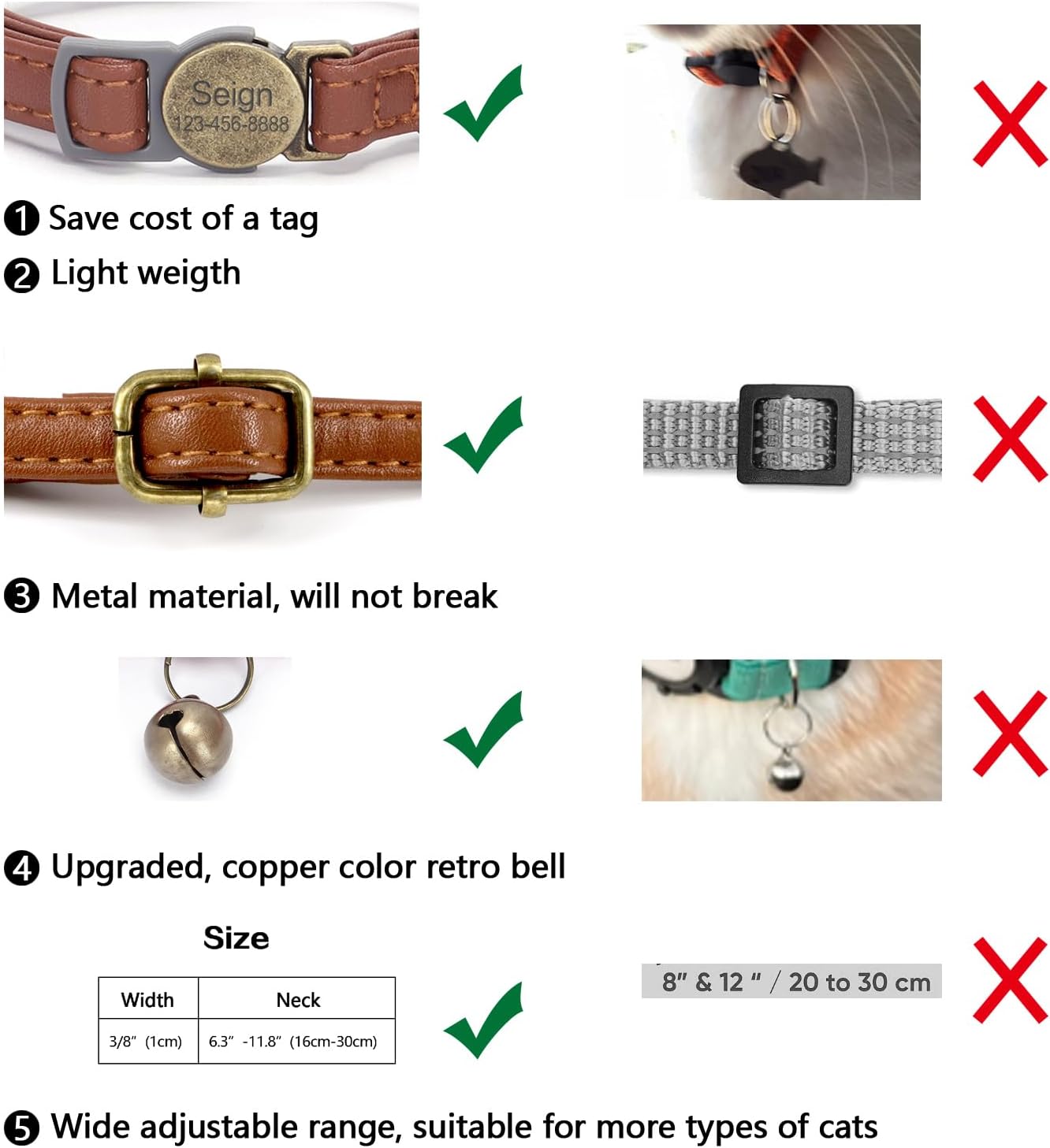 Cat Collar Breakaway, Personalized Leather Cat Collar with Bells-Adjustable Customized Collar with Name & Phone Number Tag for Girl Boy Cats -Quick Release Buckle for Cats & Kittens(Brown)