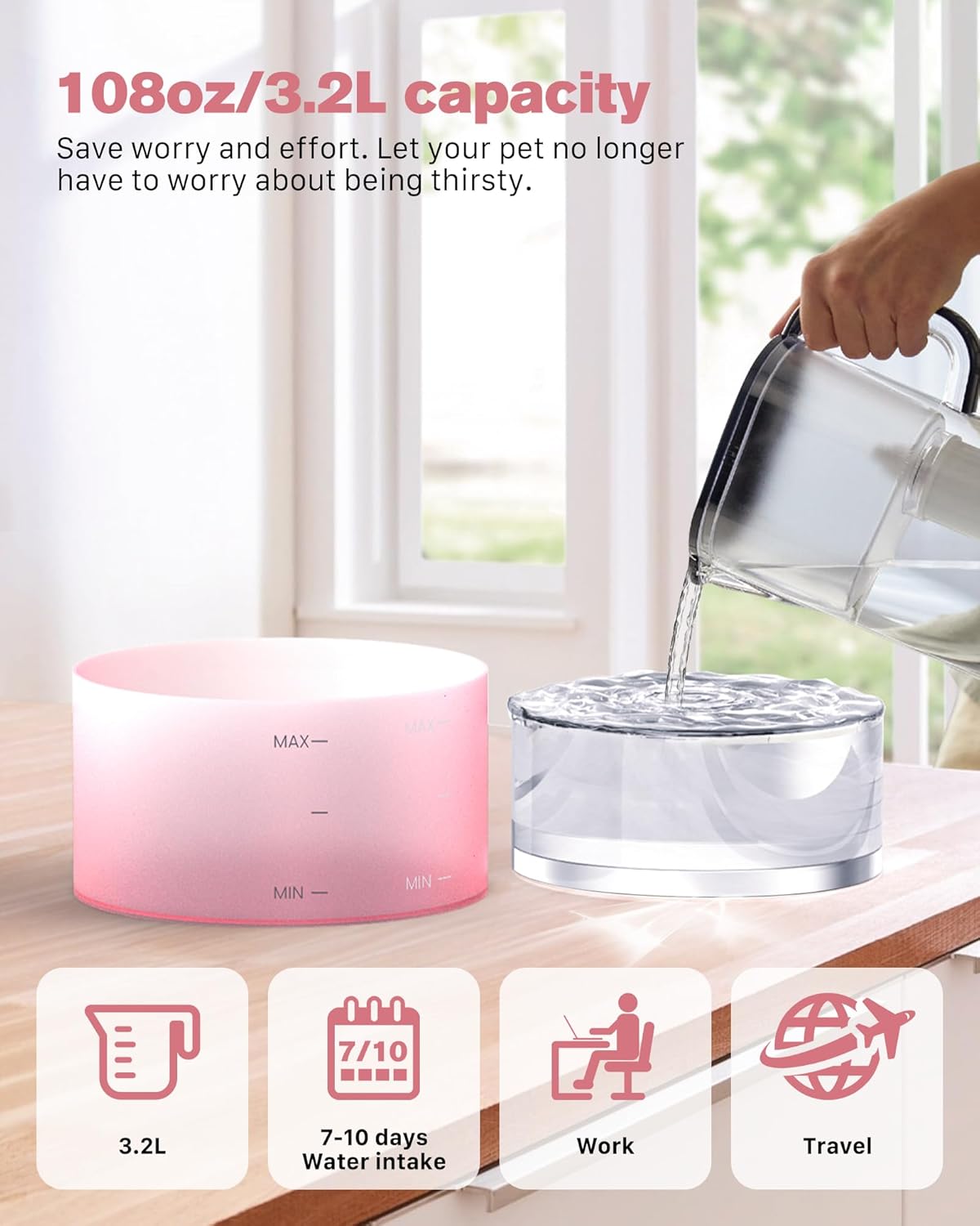 Pink Cat Water Fountain:108oz/3.2L Cat Fountain Super Silent Pet Water Fountain - Water Fountains for Cats Indoor - Faucet Cat Fountain - Quiet Water Pump - Suitable for Cats and Dogs - BEMOONY