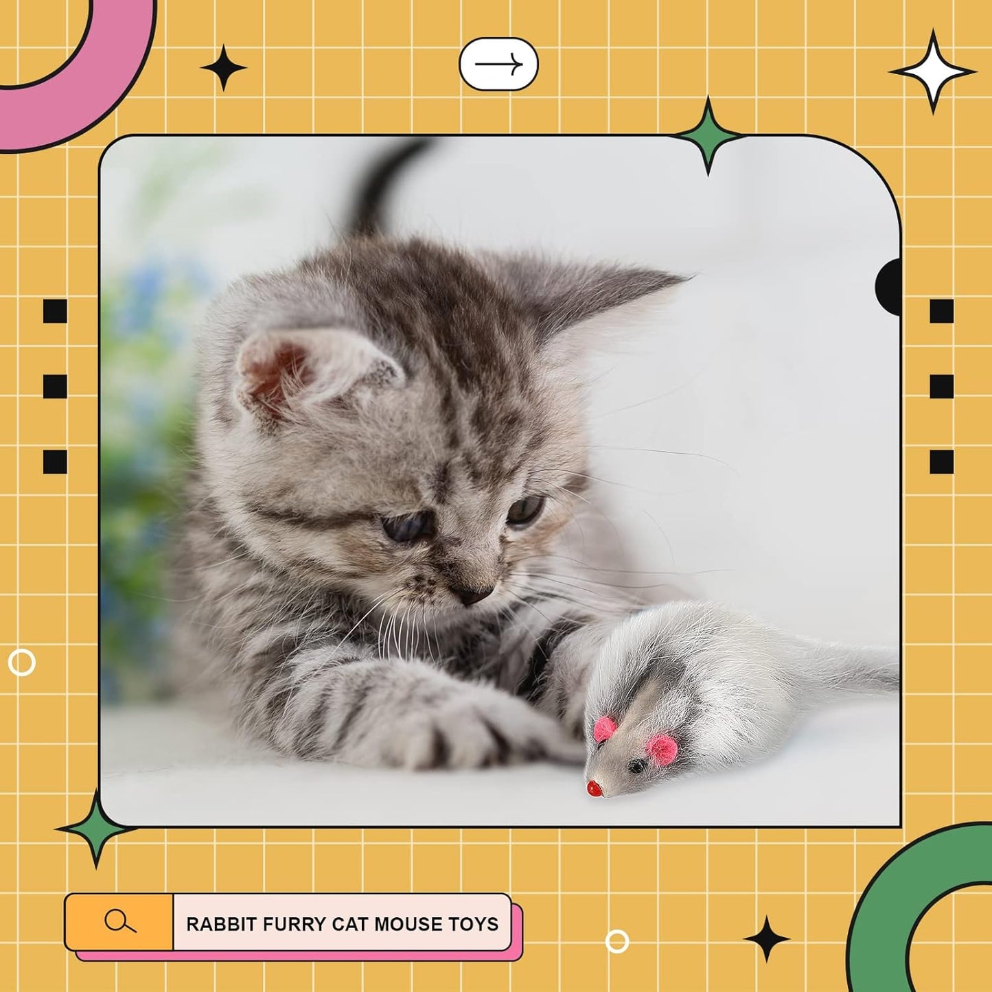 Hungdao 60 Pcs Furry Mice Interactive Catch Play Rabbit Fur Mouse Cat Toy Rattle Sound Rat Plush for PET Cats and Kittens, 3 Colors(White, Black, Gray)