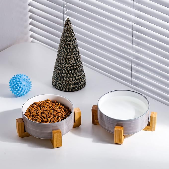 Petygooing Ceramic Cat Dog Bowl Set with Stand, Pet Food and Water Bowl,Medium Pet Dishes Anti Slip Set of 2 Cat Dog Bowls-Cute Modern Pet Food Bowls Small Medium Size (28 OZ /3.6 Cups) Grey White