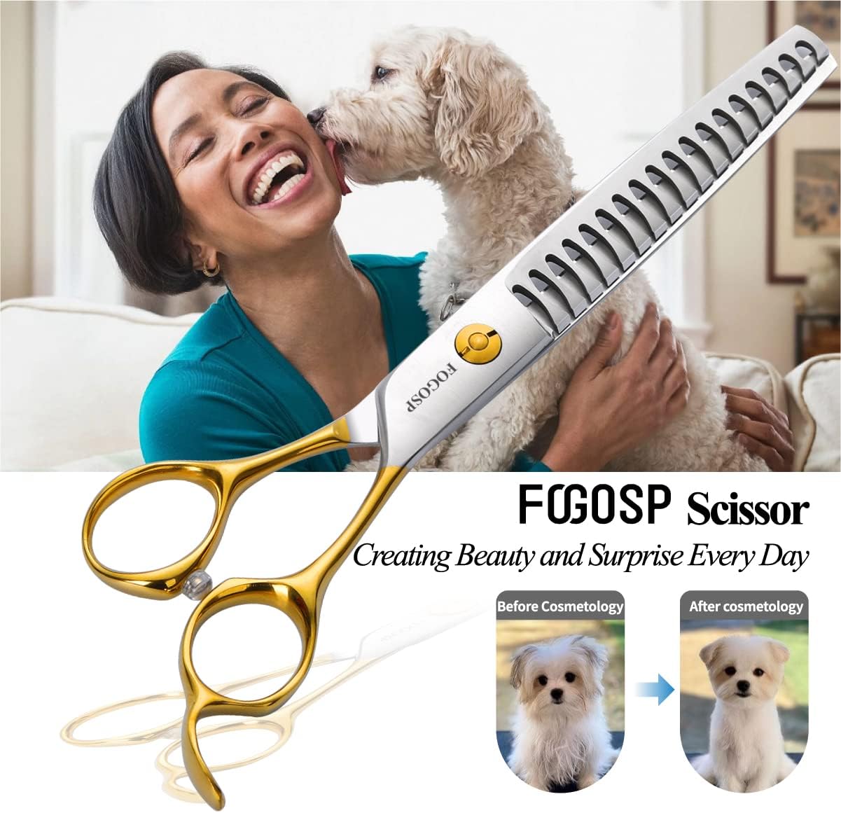 Dog Thinning Shears for Grooming 6.75" Chunker Shears Quickly Thinning Thick Hair Professional Dog Grooming Scissors for Small Dogs Right Handed Groomer Japan 440C 18 Teeth(Chunker, Gold)