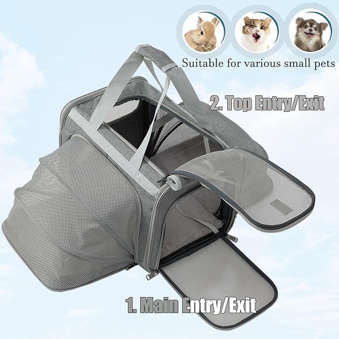 Dog Carrier Cat Carriers Grey Soft Pets Bag Airline Approved Dog Carrier for Small Dogs Carrier,2Sides Expand,Stylish Rabbit Bunny Pets Carriers Travel Outdoor Carry Kennel