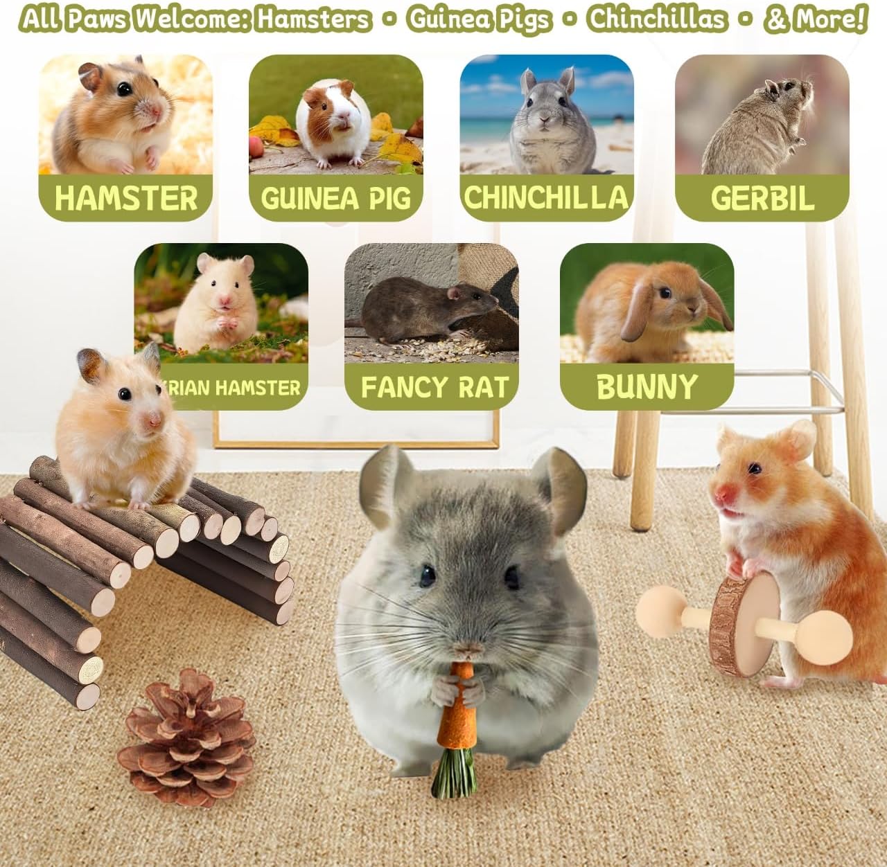 20 PCS Hamster Chew Toys Set, Natural Apple Wood Guinea Pig Toys, Hamster Cage Accessories Include Bridge, Seesaw, Carrot, Timothy Straw Stick Dental Care for Rat Gerbil Chinchilla Rabbits