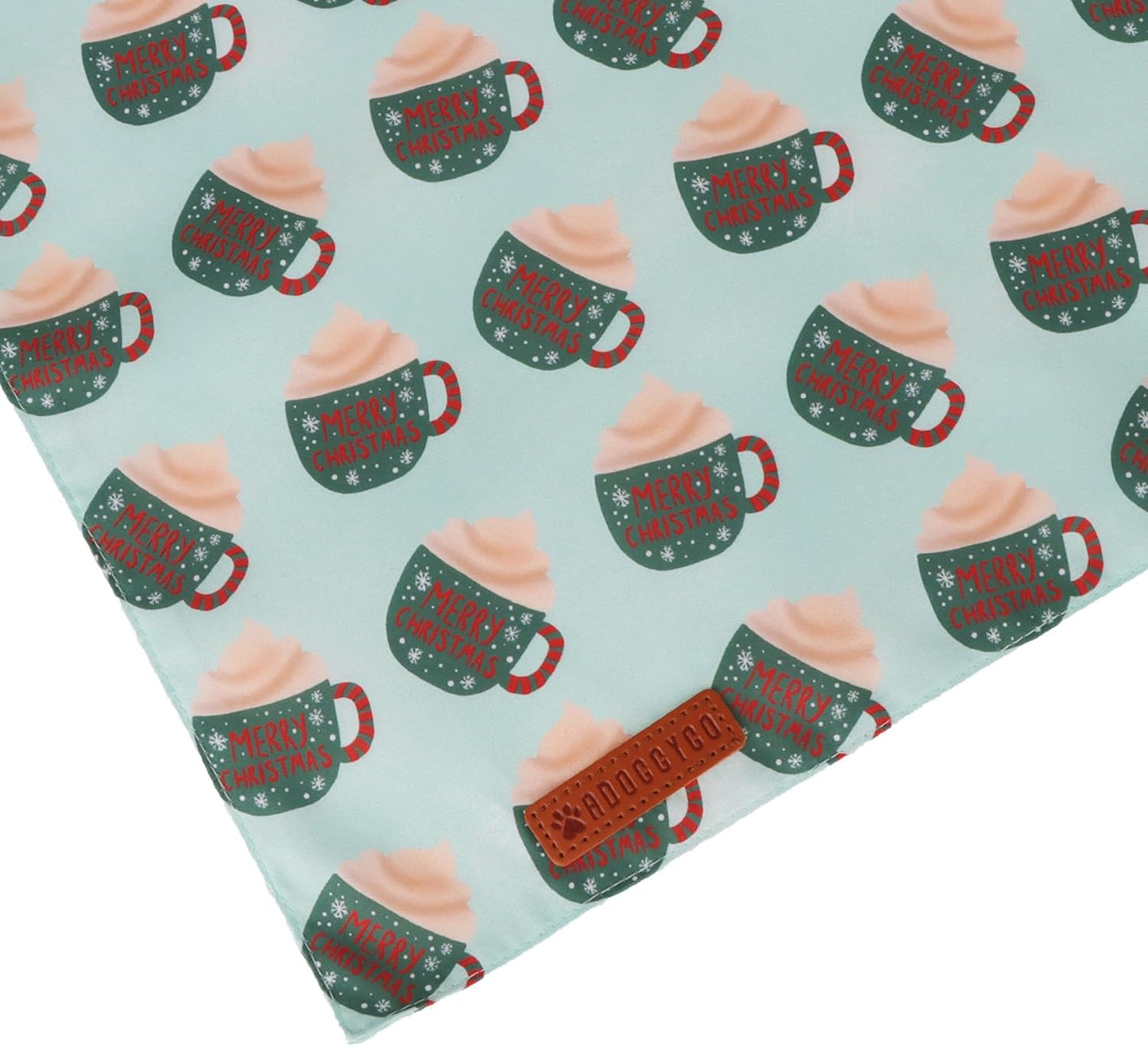ADOGGYGO Green Christmas Dog Bandana, Snowman Reindeer Mug Puppy Scarf, Adjustable Fit Merry Christmas Bandanas for Small Dogs (Small)