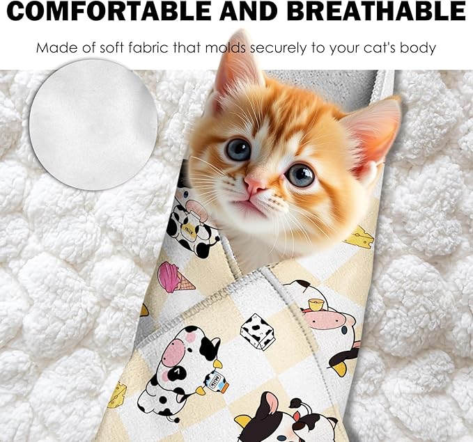 27.6" Cat Grooming Wrap, Self Adhesive Cat Wrap for Cutting Nails, Anti-Escape Calming Cat Swaddle Wrap for Medicine Ear Cleaning, Cow Anti-Scratch Cats Burrito Restraint Blanket, Pet Tool (6-10 lbs)