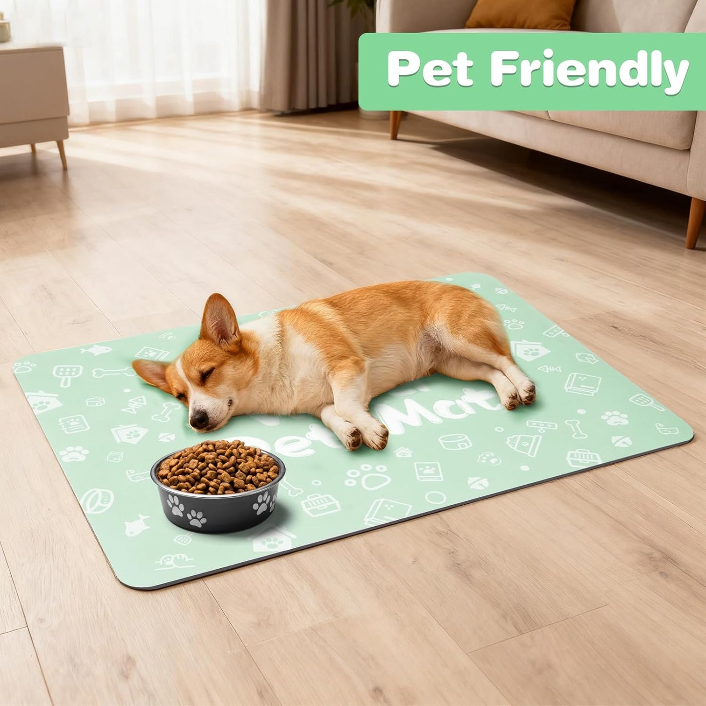 Pet Feeding Mat,Dog Cat Mat for Food and Water,Dog Bowl Waterproof Placemat with Rubber Backing,Absorbent Quick Dry Water Dispenser Mat for Pet(Green 17"×29")