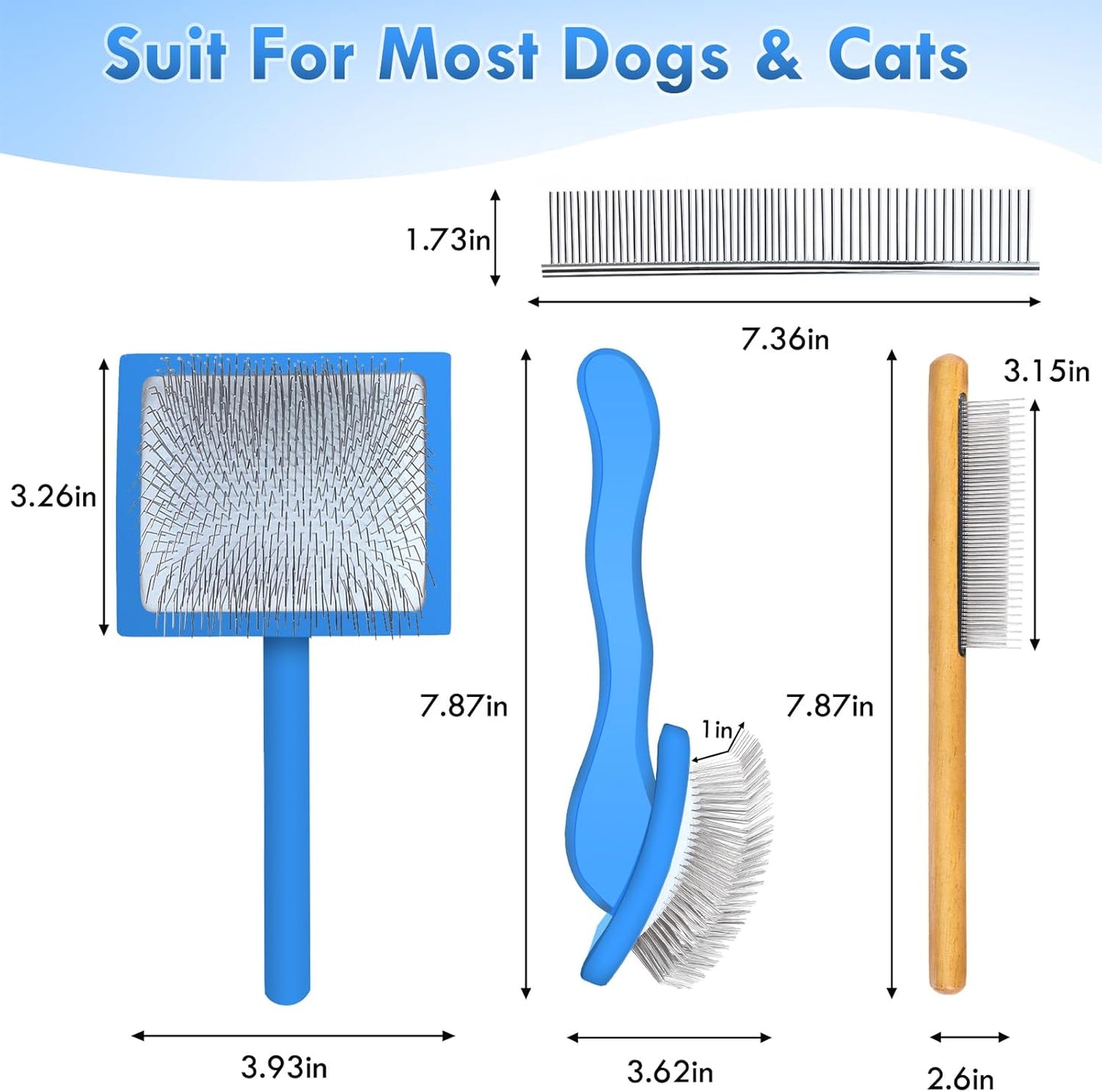 Dog Slicker Brush for Medium or Long Haired Dogs, Long Pin Slicker Brush for Removes Loose Hair, Tangles and Knots, Best Grooming Tools for Small Animals, Large, Free Pet Comb, Blue