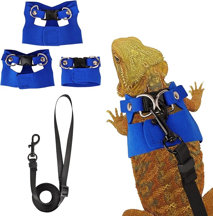 ADOGGYGO Bearded Dragon Harness Leash Set- 3 Size Pack Lizard Harness, Lizard Reptile Walking Leash Harness for Bearded Dragon Lizard Reptiles (Blue)