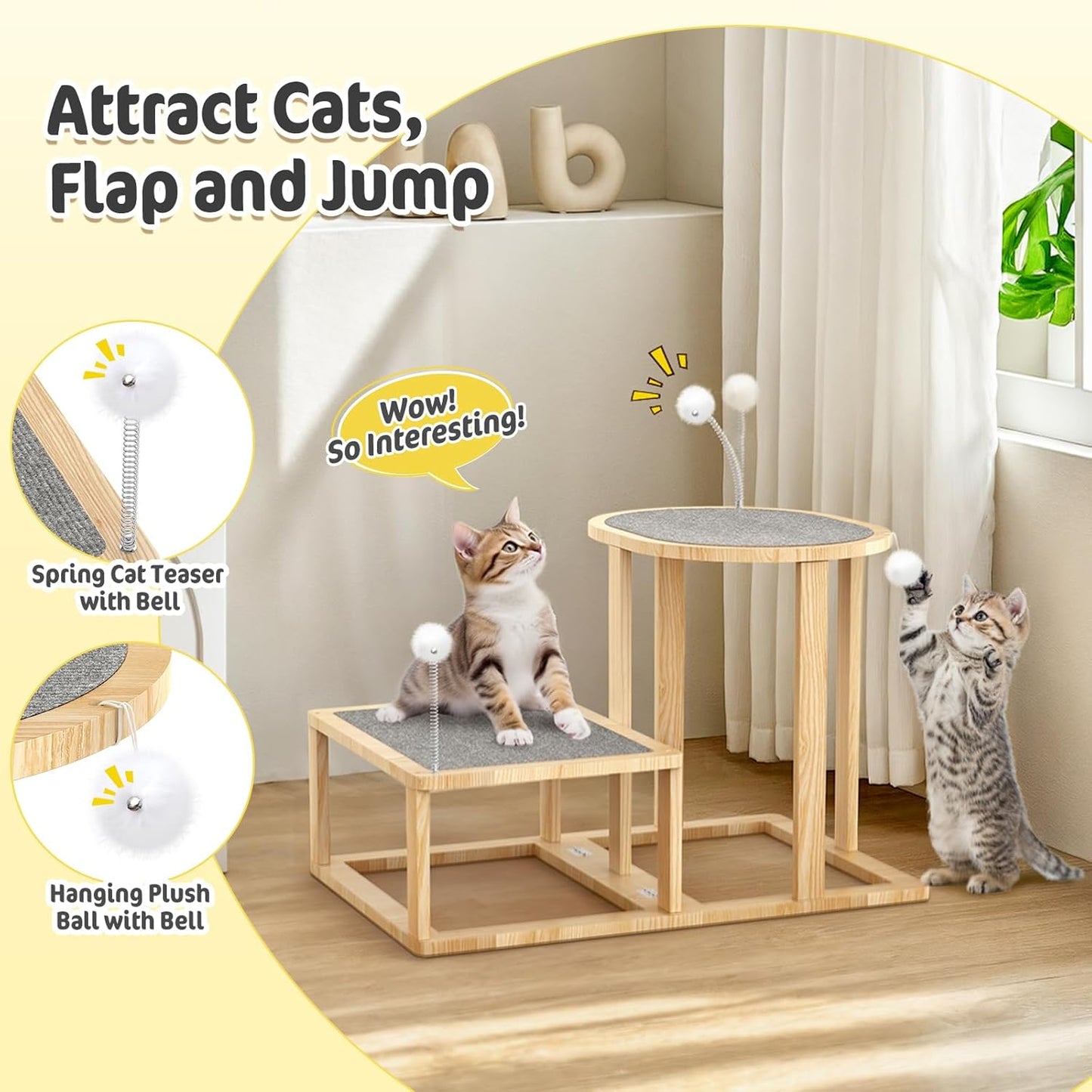 Pawaboo Cat Beds and Stairs, 2-Step Kitten Scratcher Hammock Bed with Cat Teasers & Hanging Ball, Wooden Kitties Hammock Staircase for High Beds Couch,Stair Shaped Cats Bed for Indoor Climbing Playing