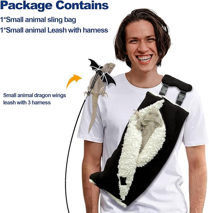 Adjustable Fluffy Bearded Dragon Sling Carrier Bag, Reptile Carrier with Leash Harness Lizard Cage Accessories for Small Animal, Kitty, Ferrets, Squirrel, Hamsters,Parrot (Black)