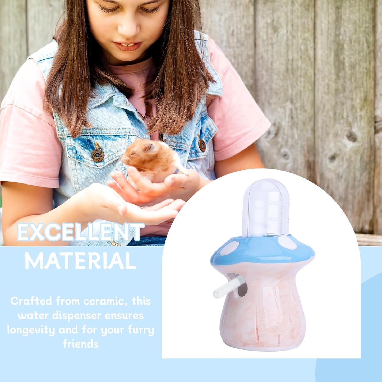 PENCK 60ml Hamster Water Bottle Pet Drinking Dispenser with Mushroom Ceramic Stand for Hamsters, Guinea Pigs & Small Animals - Leak-Proof Ceramic Water Bottle for Cage Use (Blue)