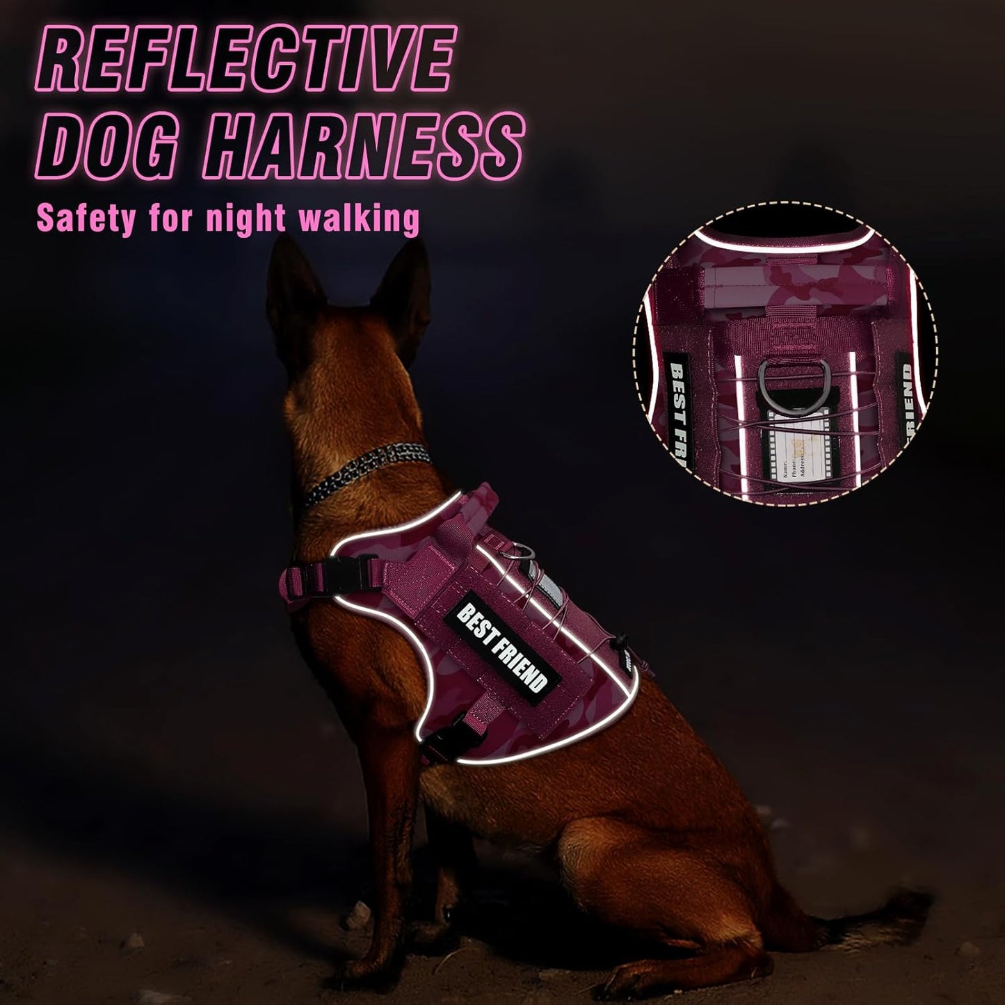 Tactical Dog Harness Small Sized Dog,No Pull Military Dog Vest with Easy Control Handle&Molle,Adjustable Heavy Duty Pet Harness for Hiking Training,Reflective for Night Walking Camo Pink S