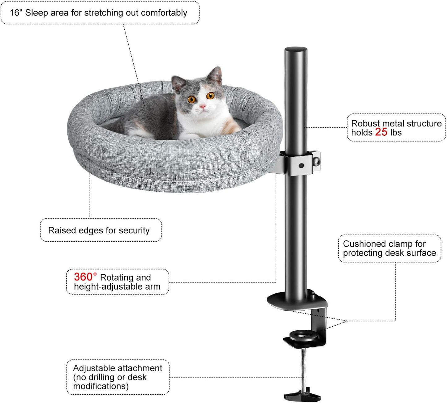 Cat Bed - Desk Cat Nest with 360 Rotation & Adjustable Height - Soft & Comfortable - Indoor Cats Up to 40 lbs (Grey)