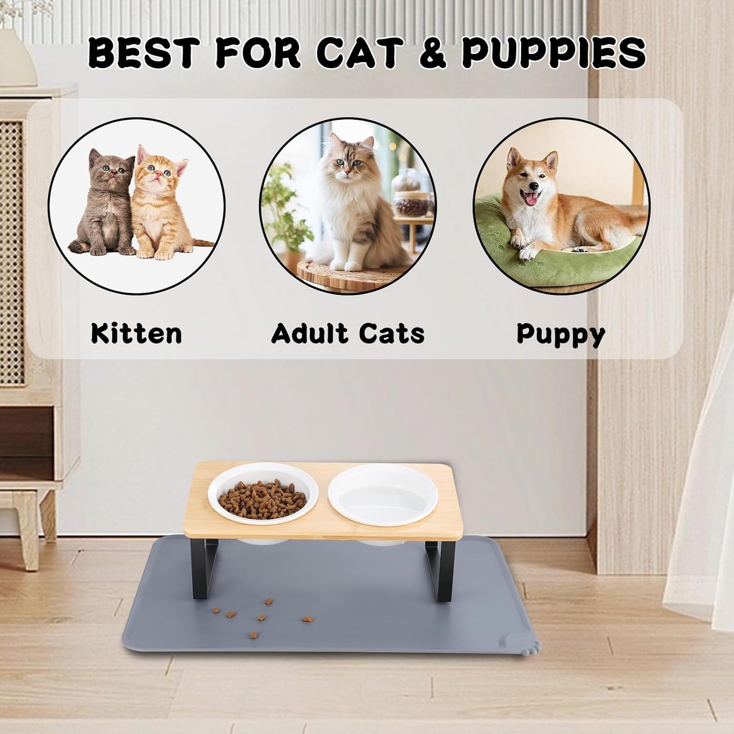 Elevated Whisker Friendly Cat Bowls, 15 Tilted Stand Anti Vomiting Raised Dishes for Food and Water, Ceramic Bowls for Cats and Puppy,Bamboo