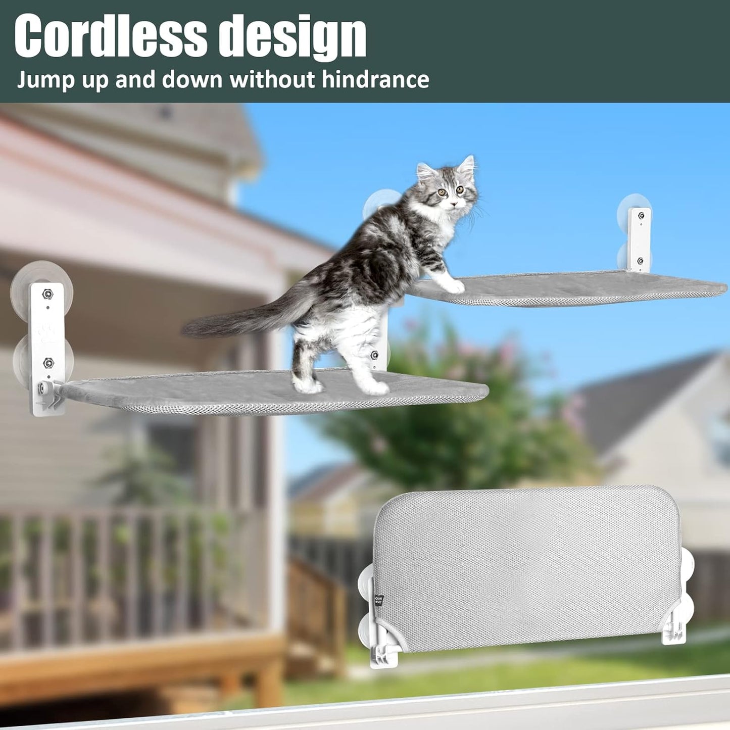 Sunhoo Cat Window Hammock Perch Cordless Perches Window Sill Seat Bed Foldable Stable Lounger Upgraded Suction Cup Easy Assembly Indoor Cats Kitty Shelf Hold Up to 55lbs(Grey,S