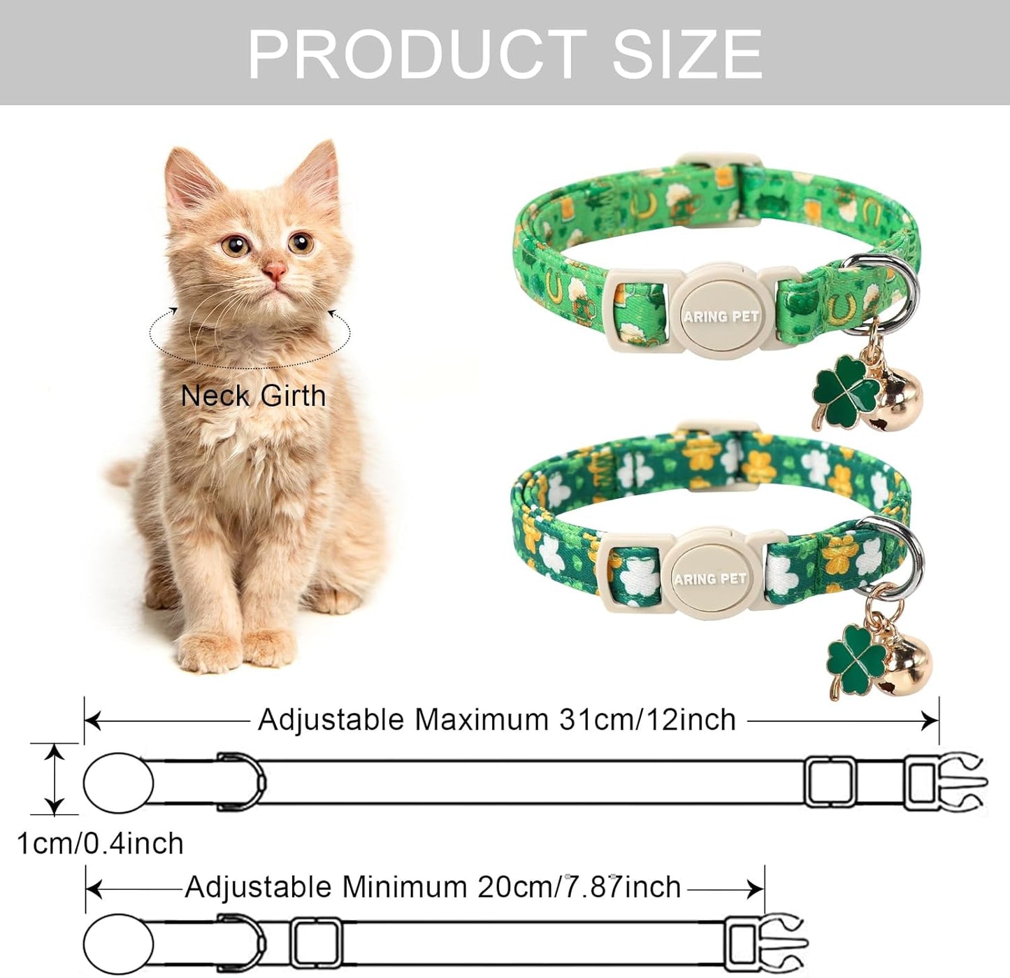 ARING PET 2 Pack St. Patrick's Day Cat Collars-Cute Green Clovers Cat Collar Breakaway with Bell&Pendant, Adjustable Lucky Trefoil Kitten Collars with Safety Buckle
