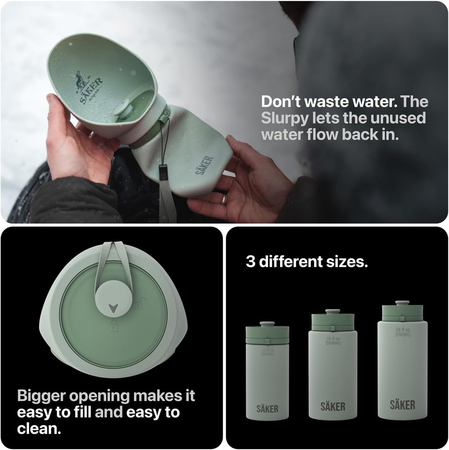 SÄKER Portable Dog Water Bottle, Collapsible Water Bottle for Dogs Perfect for Walking, Hiking and Outdoors | Works as a Portable Water Bowl | Designed in Montreal - 350ml