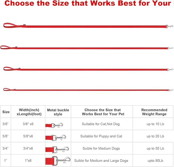 6 FT Puppy Leashes, Traditional Style Leash with Easy to Use Collar Hook, Great for Small, Medium and Large Dogs (Red, 5/8" x 6 Feet)